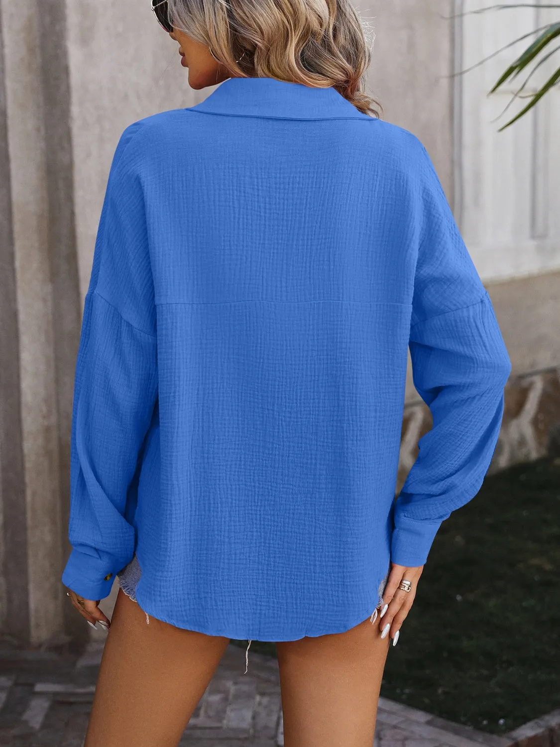 Textured Pocketed Button Up Dropped Shoulder Shirt (4 Colors)