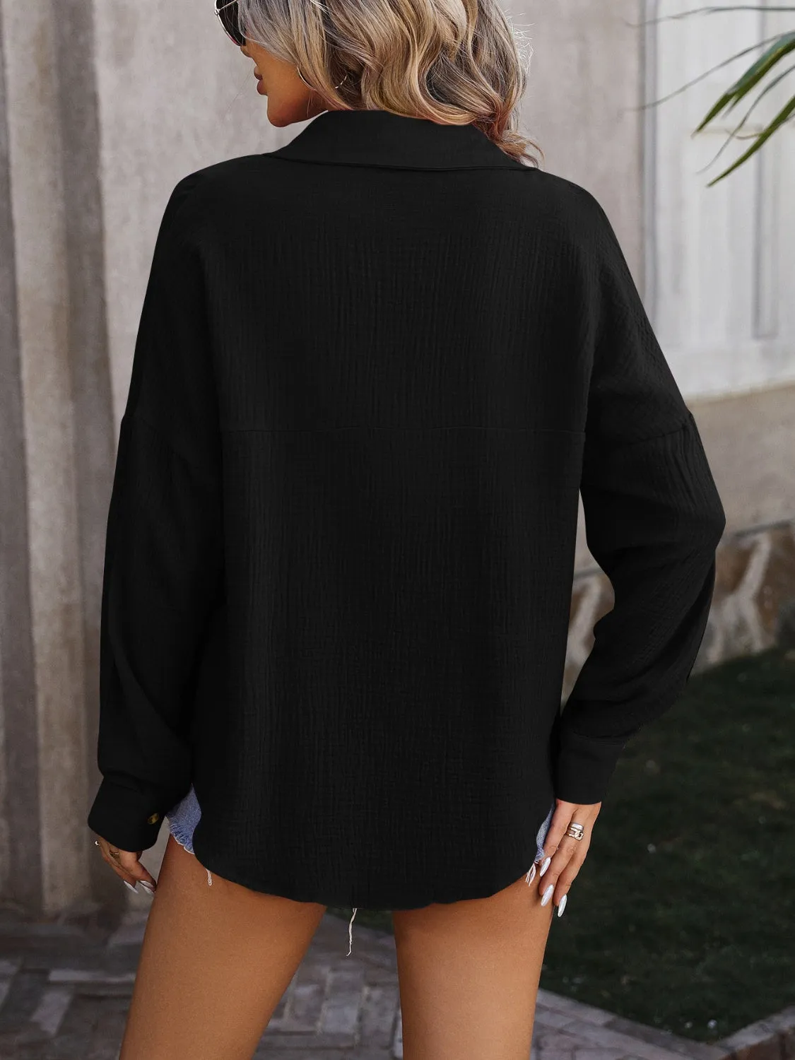 Textured Pocketed Button Up Dropped Shoulder Shirt (4 Colors)