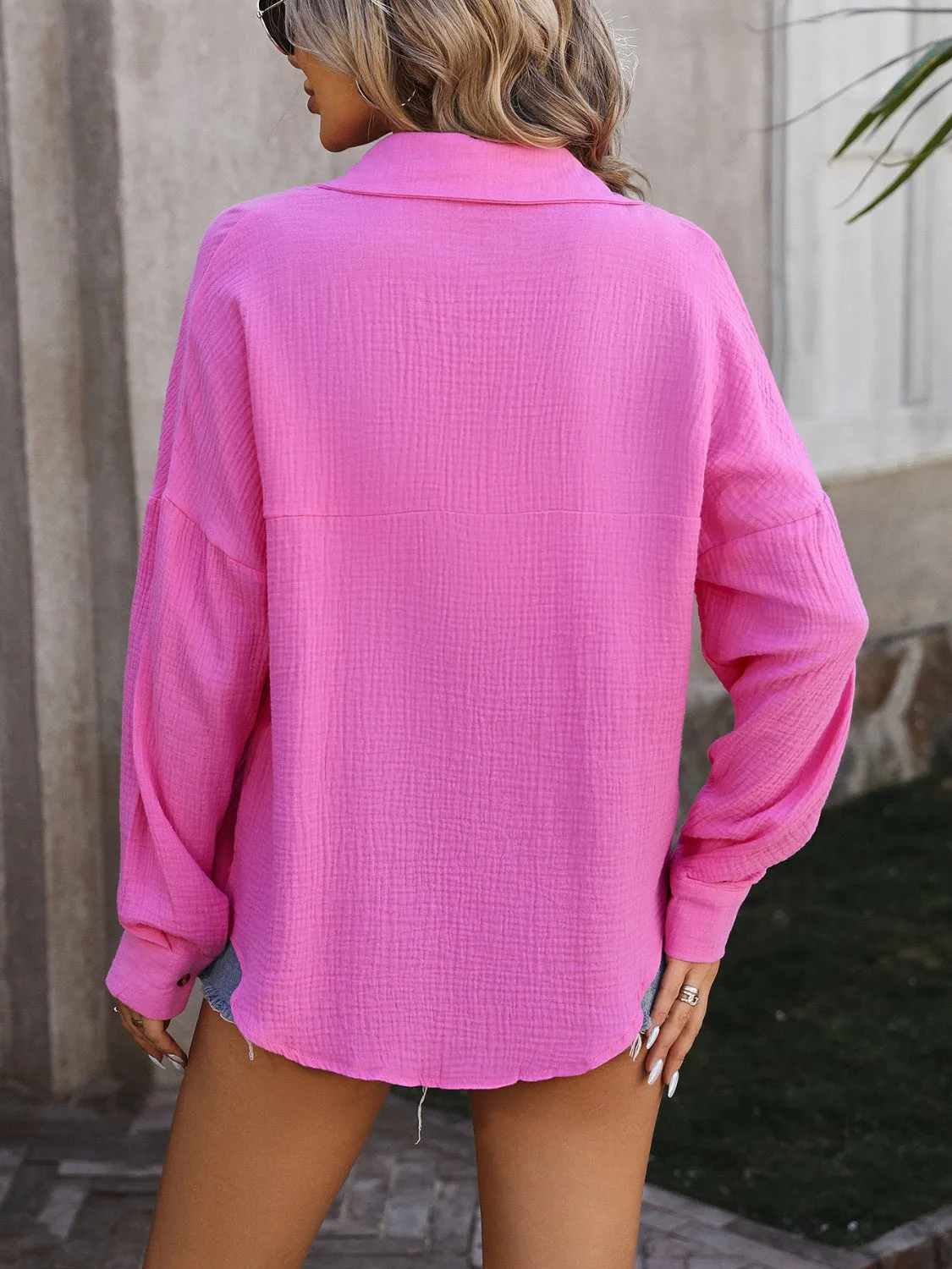 Textured Pocketed Button Up Dropped Shoulder Shirt (4 Colors)