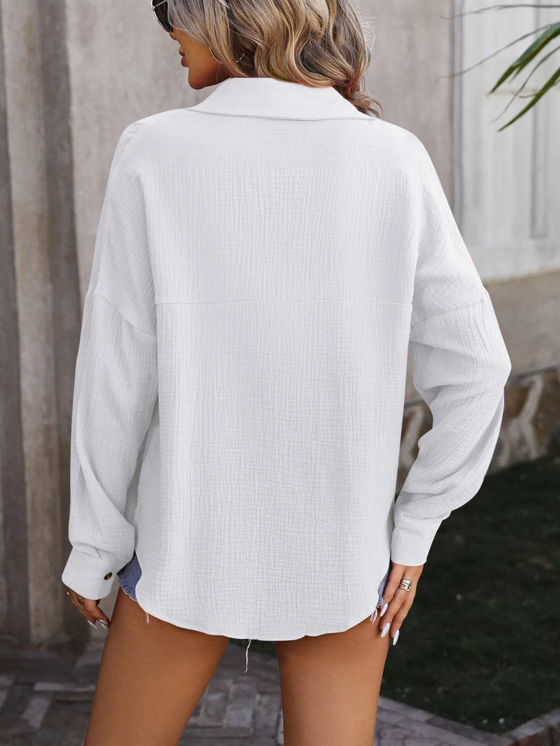 Textured Pocketed Button Up Dropped Shoulder Shirt (4 Colors)