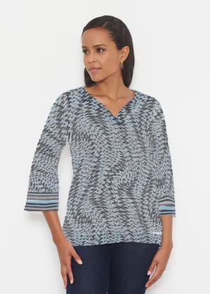 Textured Tracks Black (7720) ~ Banded 3/4 Bell-Sleeve V-Neck Tunic