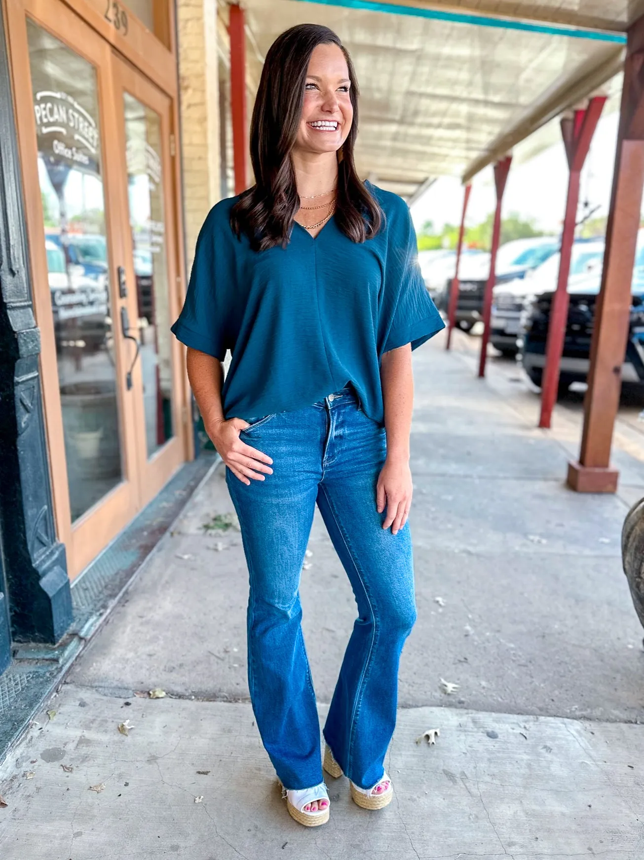 Textured Woven V Neck
