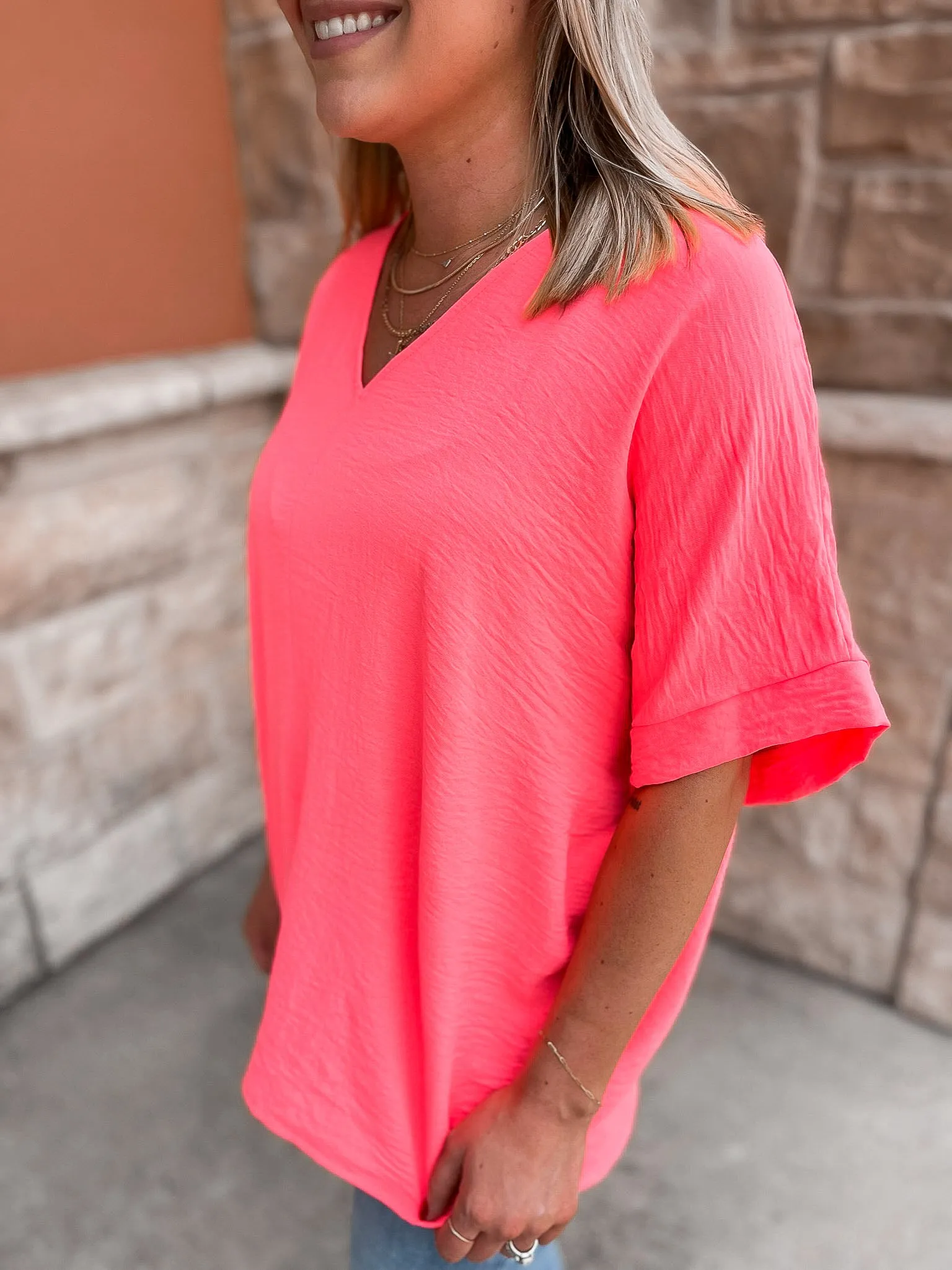 Textured Woven V Neck