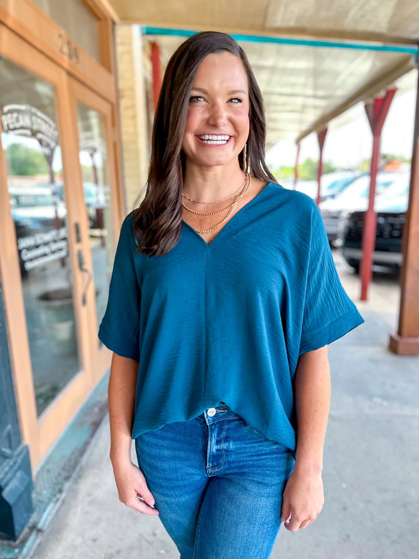 Textured Woven V Neck