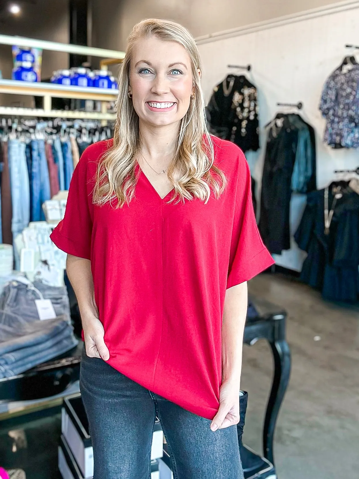Textured Woven V Neck
