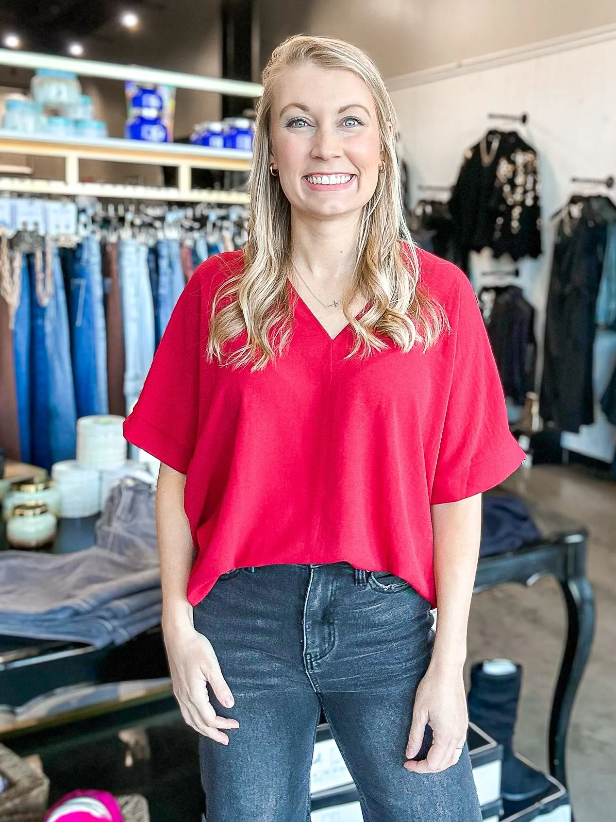 Textured Woven V Neck