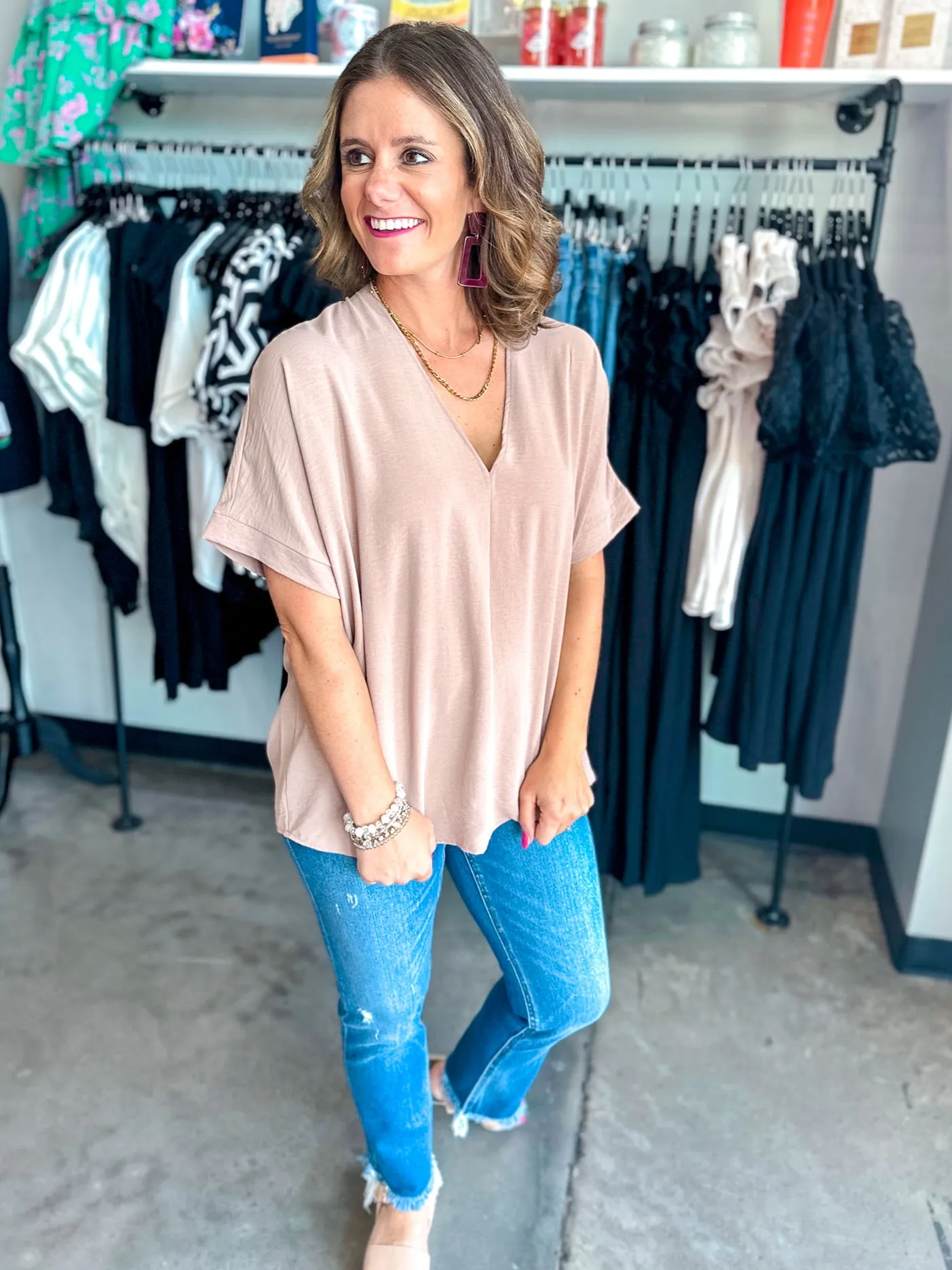 Textured Woven V Neck