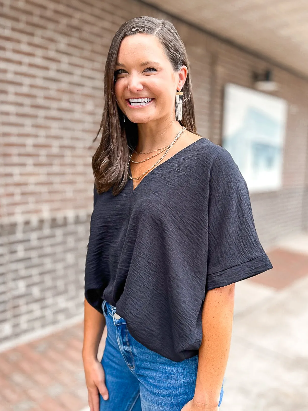 Textured Woven V Neck
