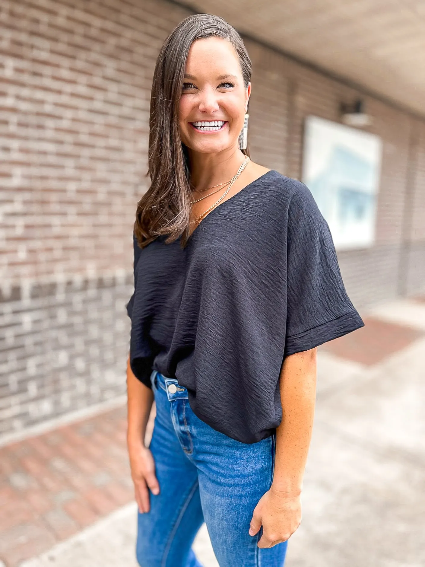 Textured Woven V Neck
