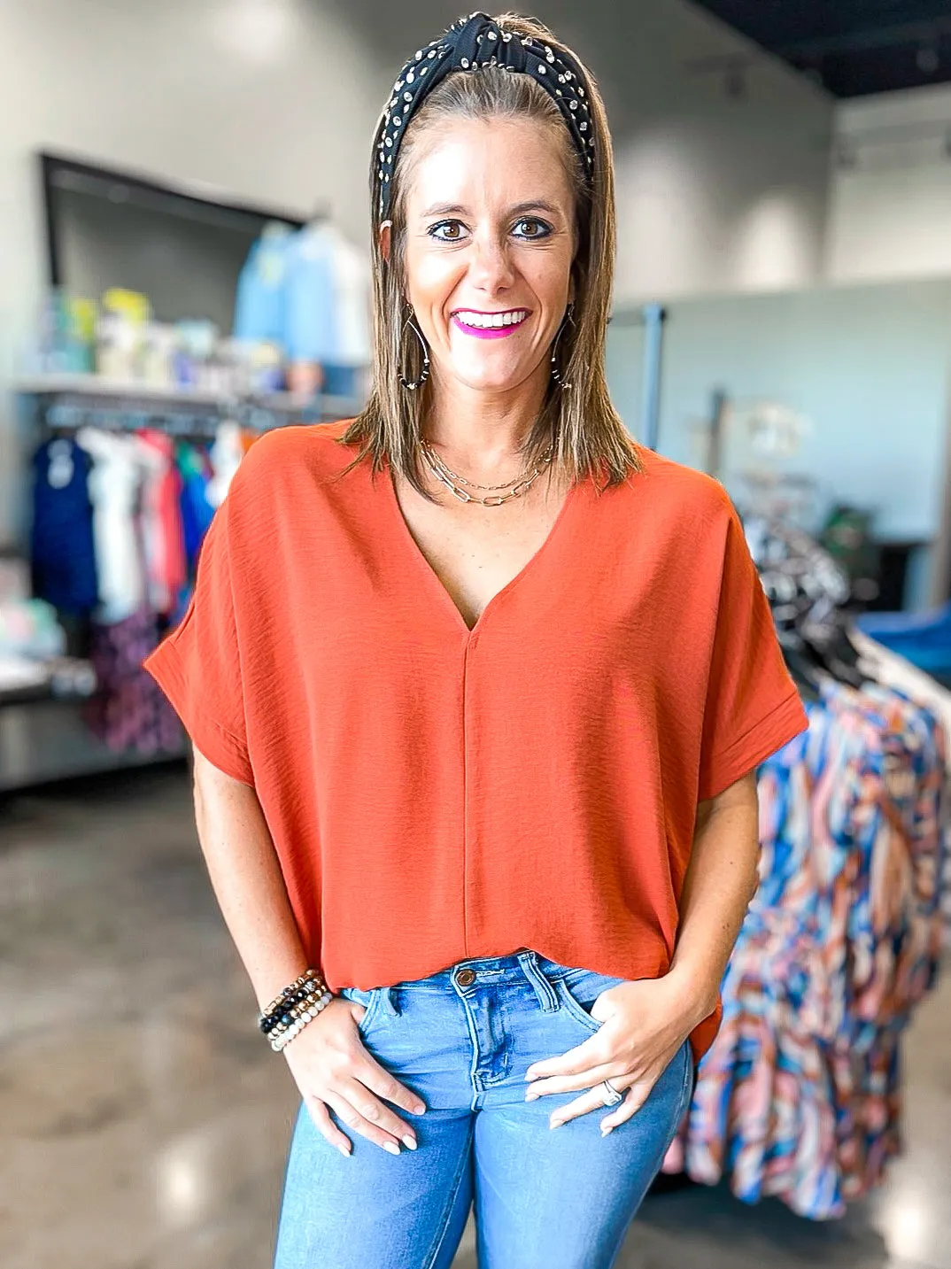 Textured Woven V Neck