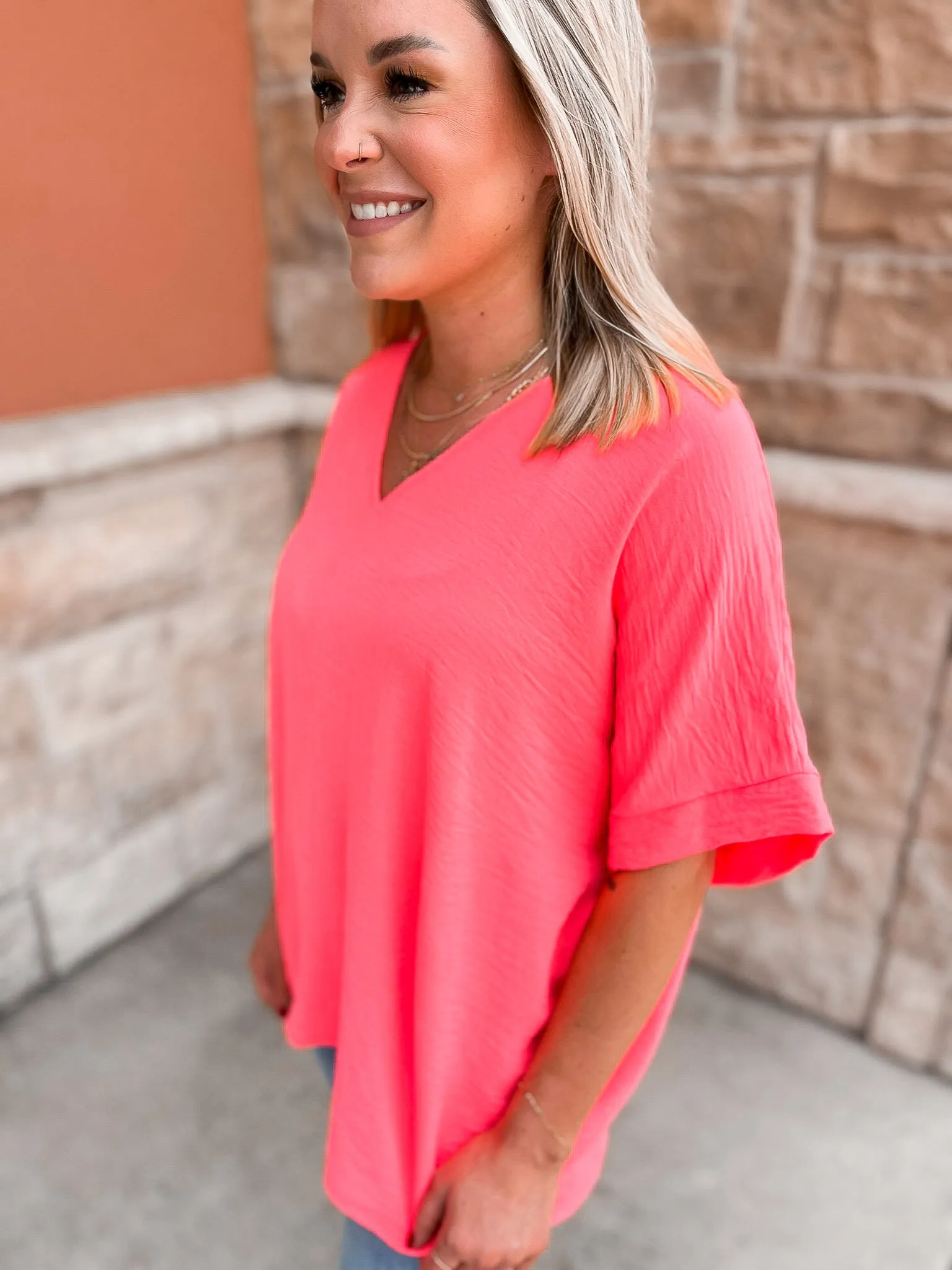 Textured Woven V Neck
