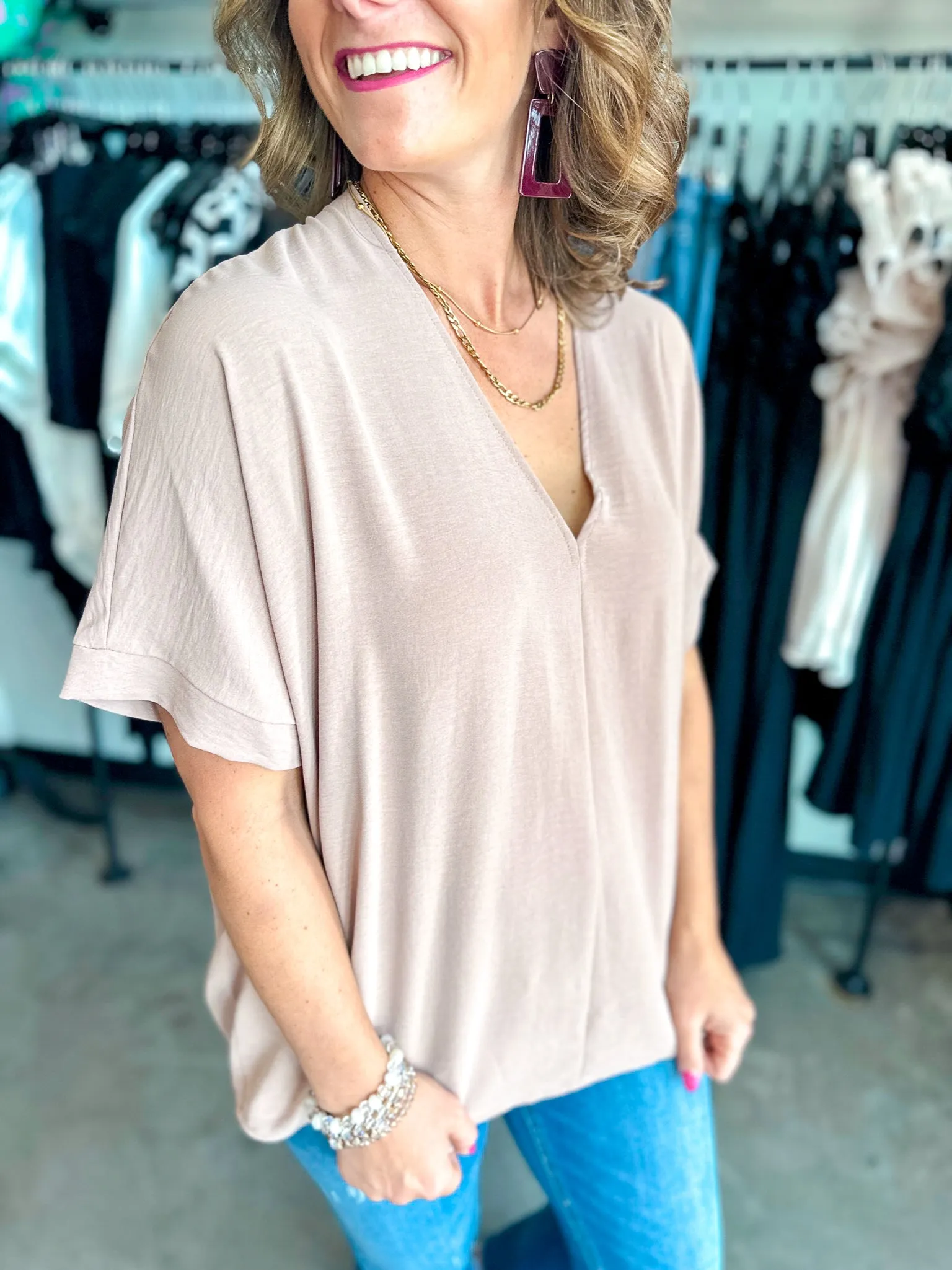 Textured Woven V Neck