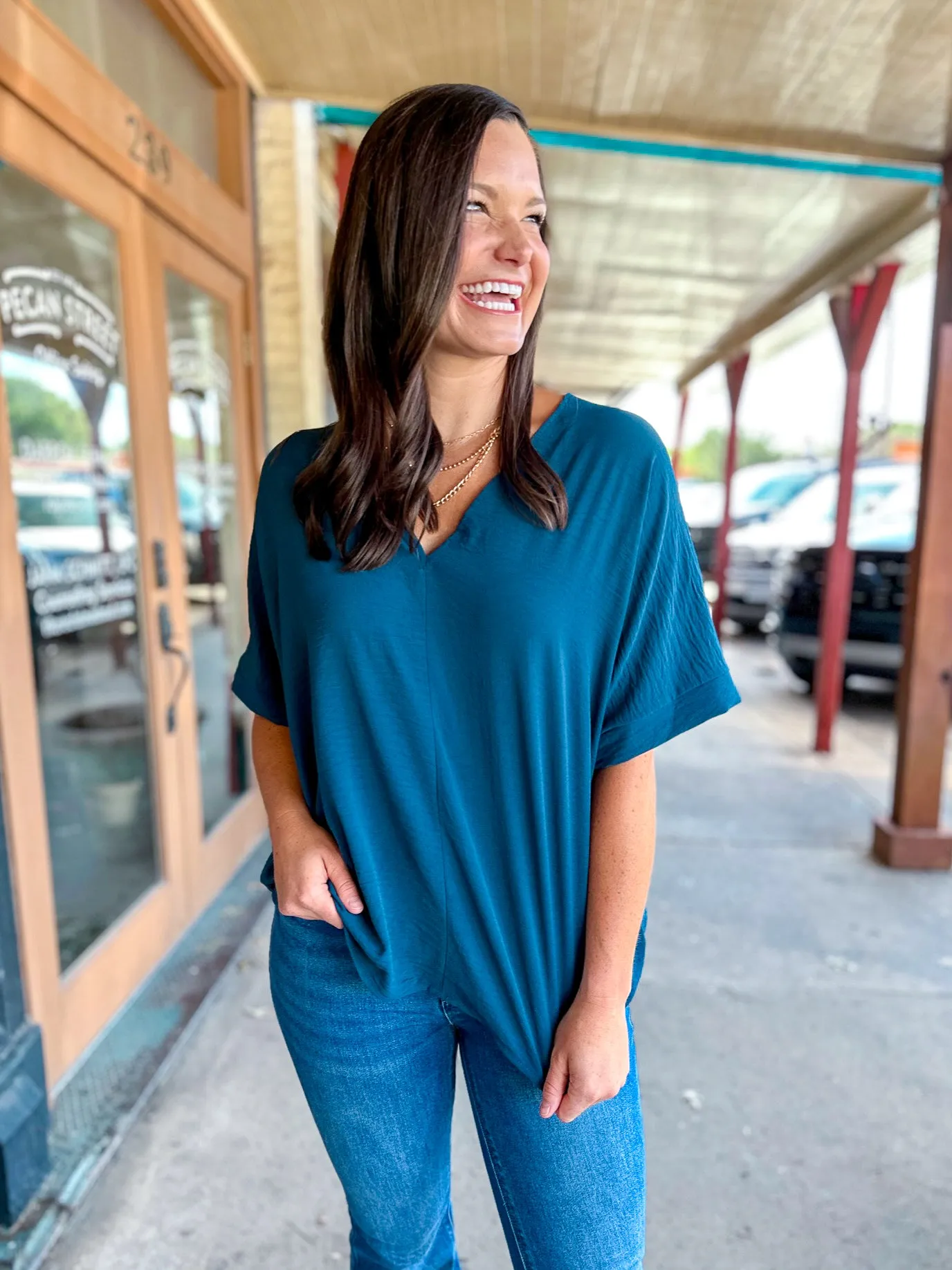 Textured Woven V Neck