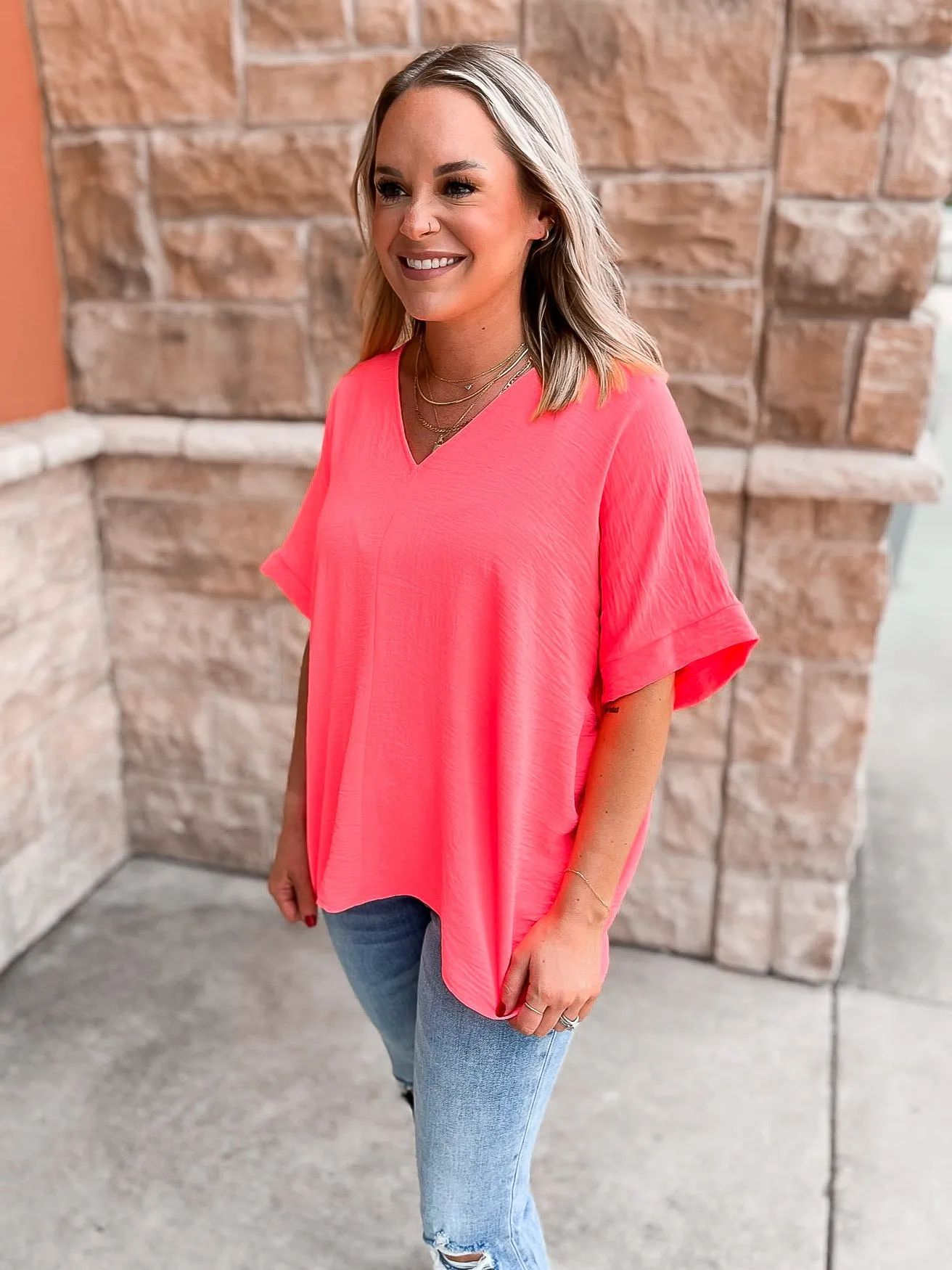 Textured Woven V Neck