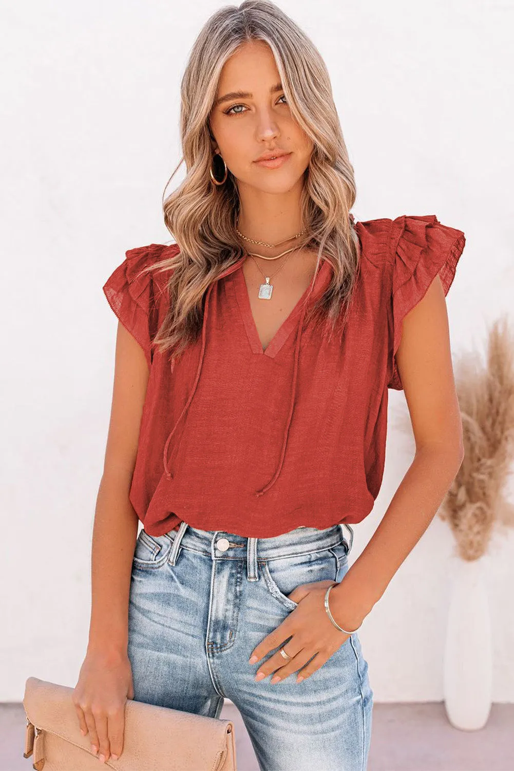 Tiered Ruffled Drawstring V Neck Top