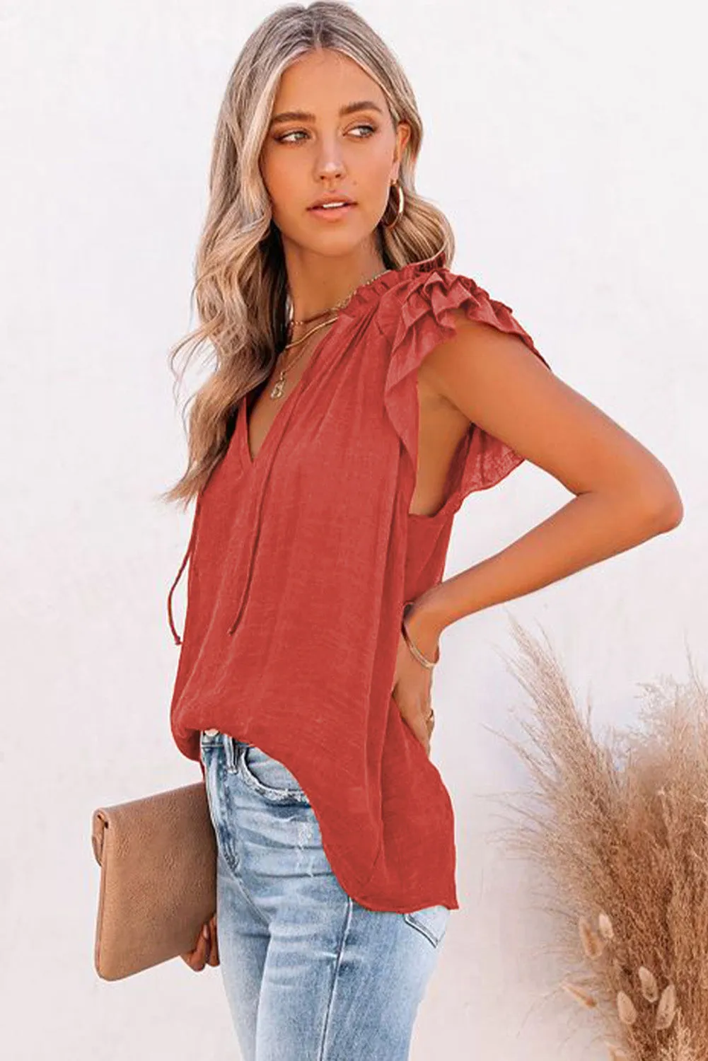 Tiered Ruffled Drawstring V Neck Top
