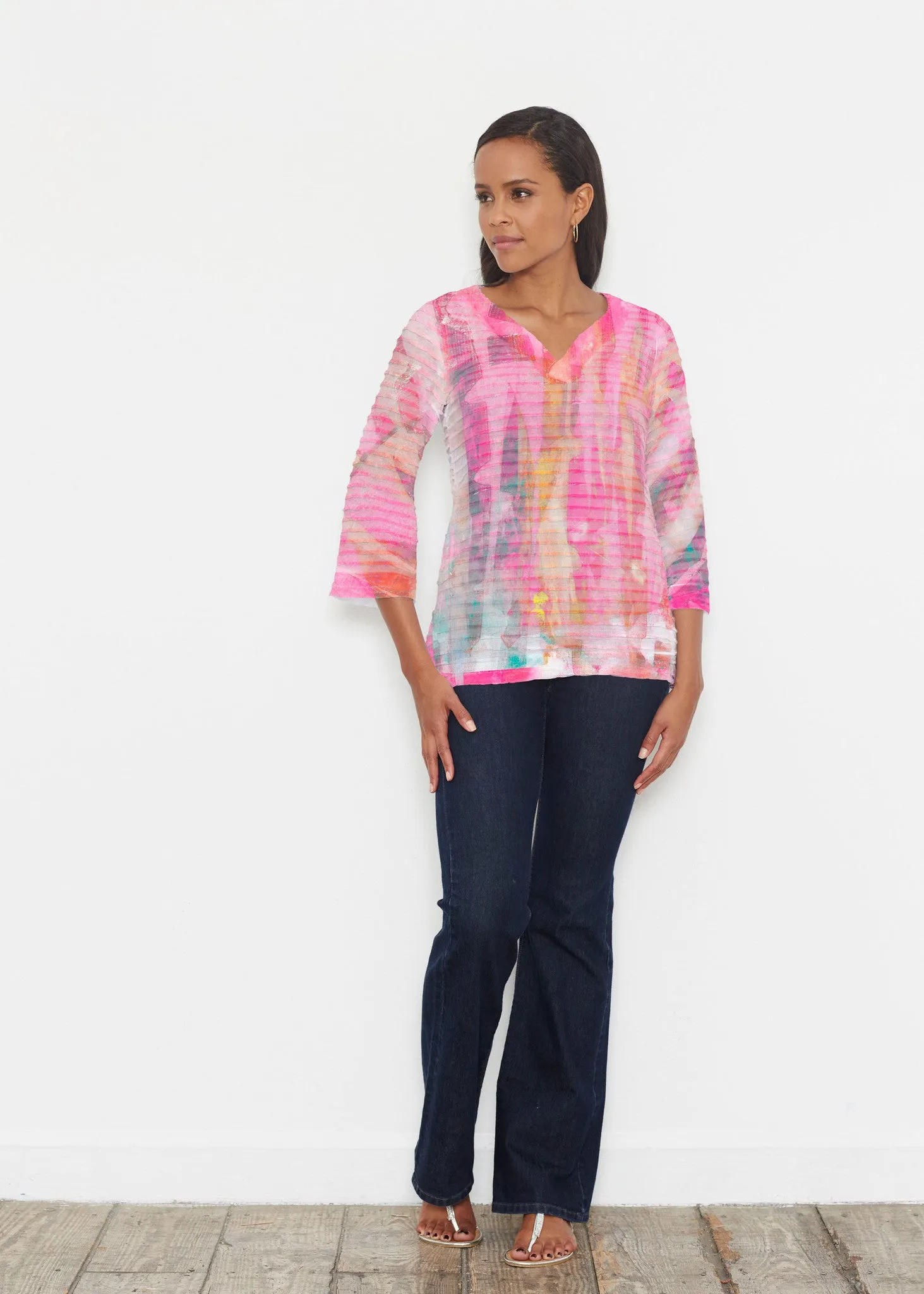 Tiki Pink (15040) ~ Banded 3/4 Bell-Sleeve V-Neck Tunic