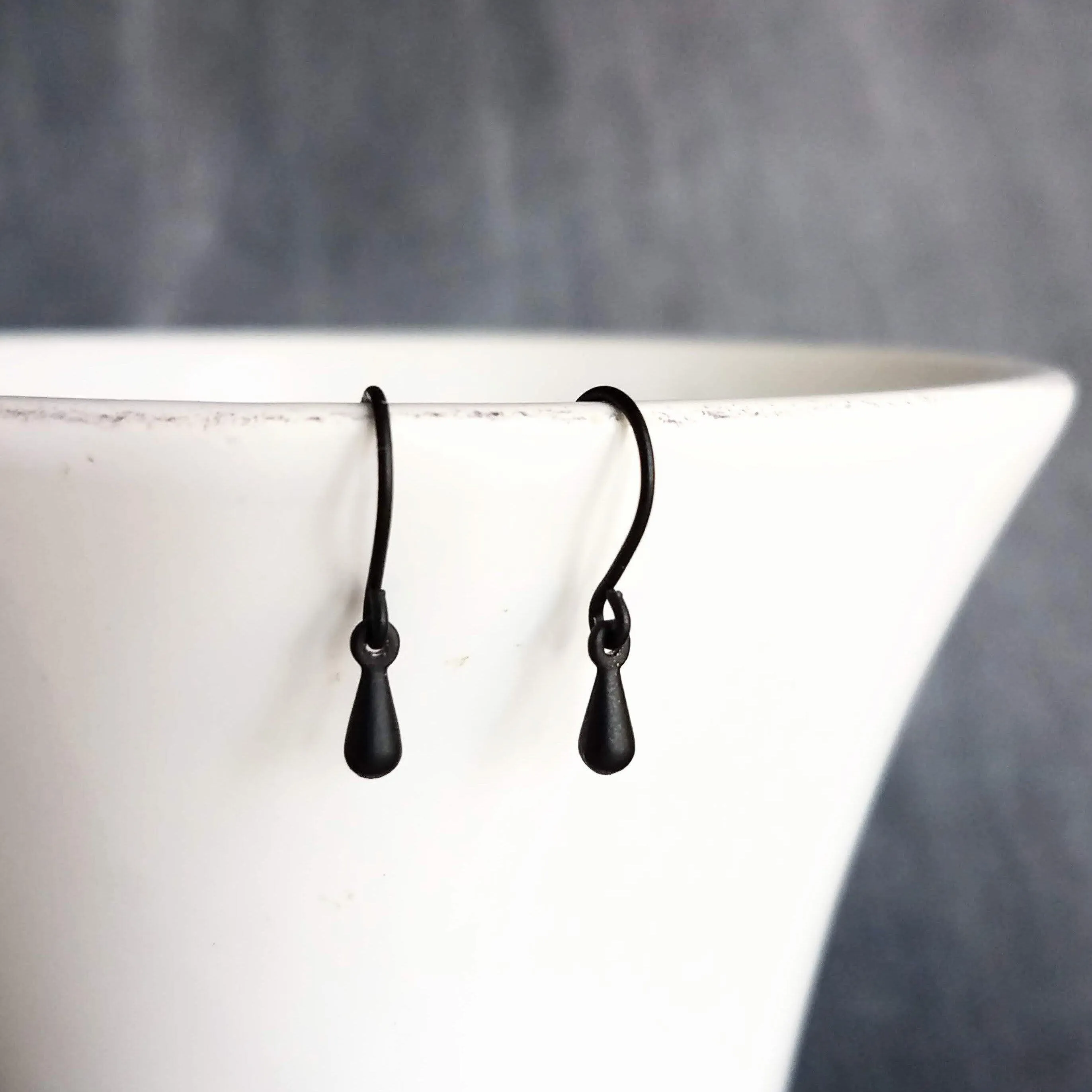 Tiny Black Drop Earrings, very small teardrop earring, dainty black earring, plain black drop earring, simple black earring, black tear drop