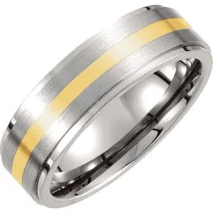 Titanium & 14K Yellow Inlay Ridged & Satin Finished Band T942 - 7 mm