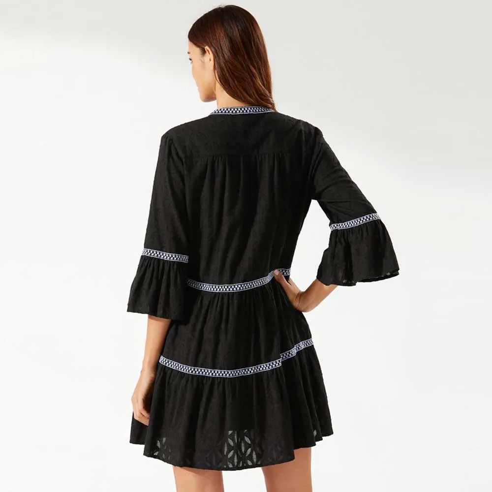 Tommy Bahama Cotton Clip Embroidered Tier Dress Cover Up - Black