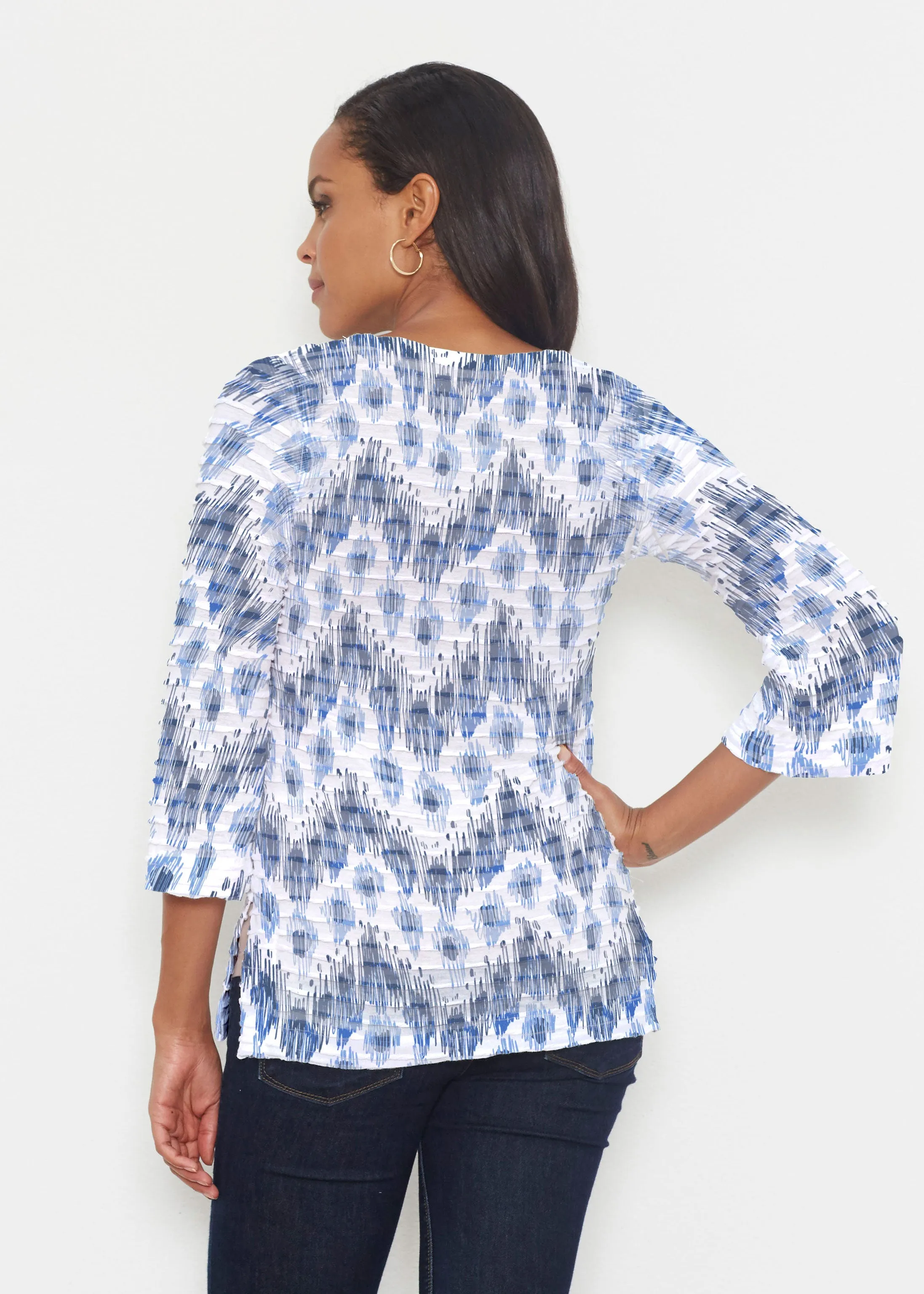Tonal Waves Blue (7804) ~ Banded 3/4 Bell-Sleeve V-Neck Tunic