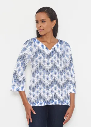 Tonal Waves Blue (7804) ~ Banded 3/4 Bell-Sleeve V-Neck Tunic