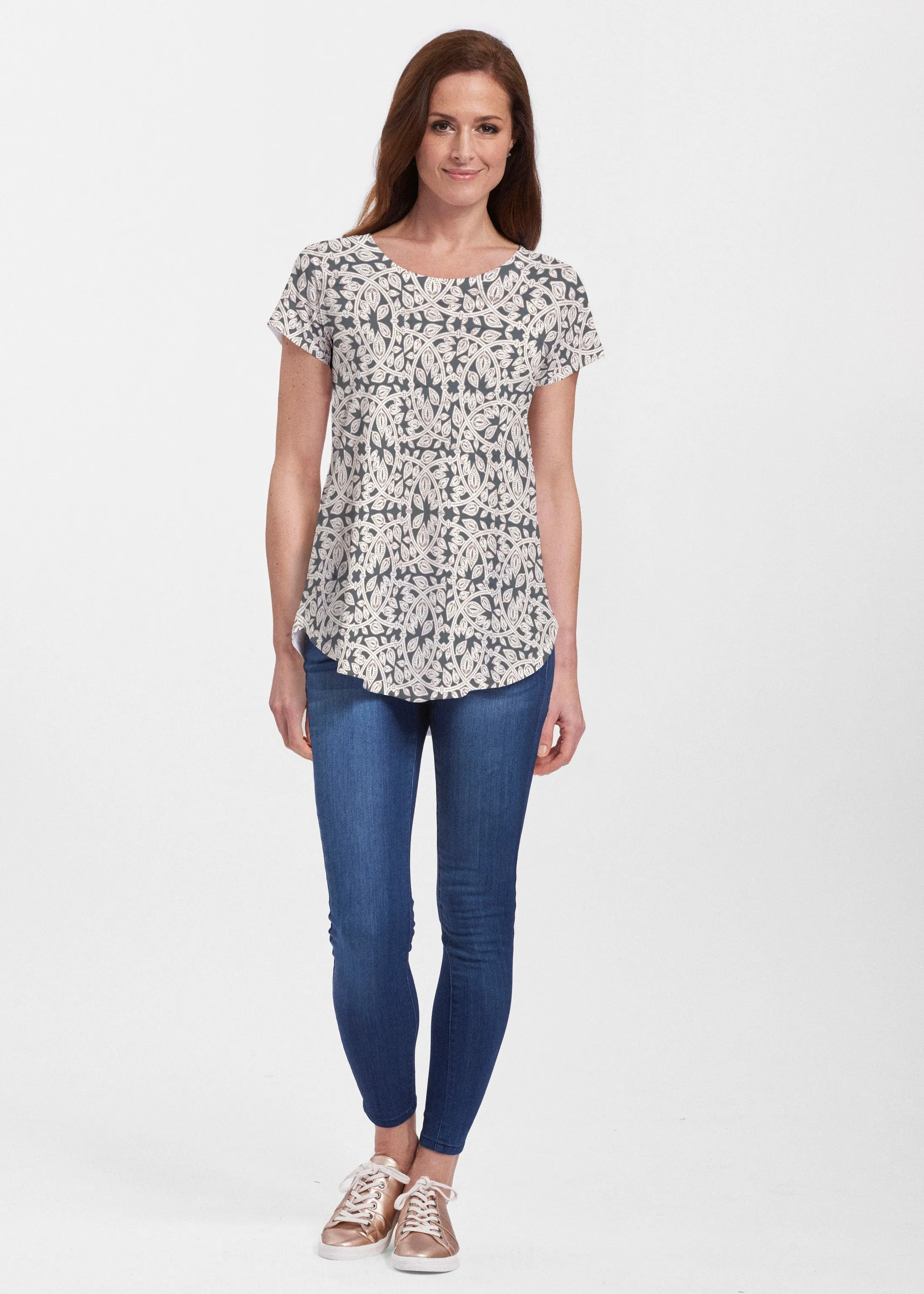 Topiary Cream (7581) ~ Signature Short Sleeve Scoop Neck Flowy Tunic