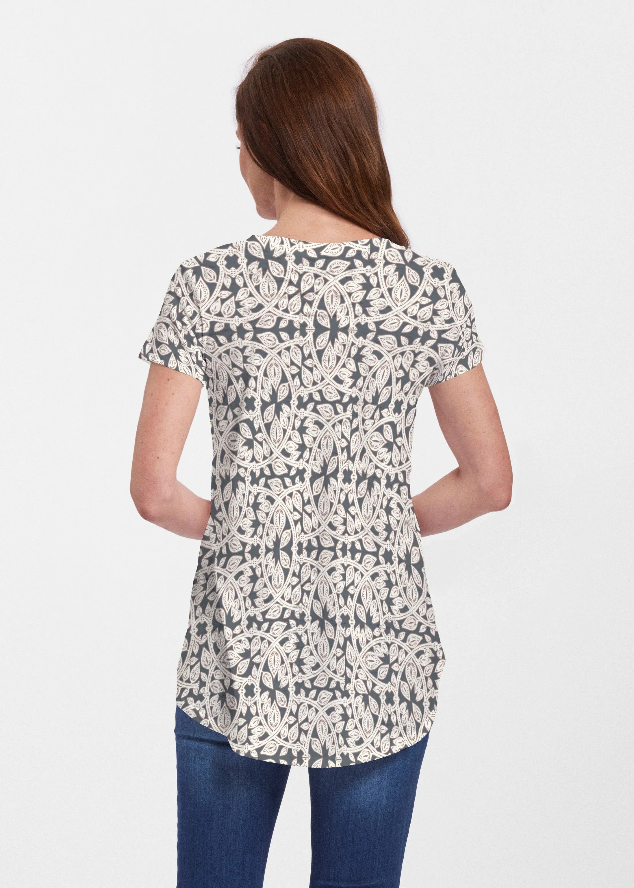 Topiary Cream (7581) ~ Signature Short Sleeve Scoop Neck Flowy Tunic