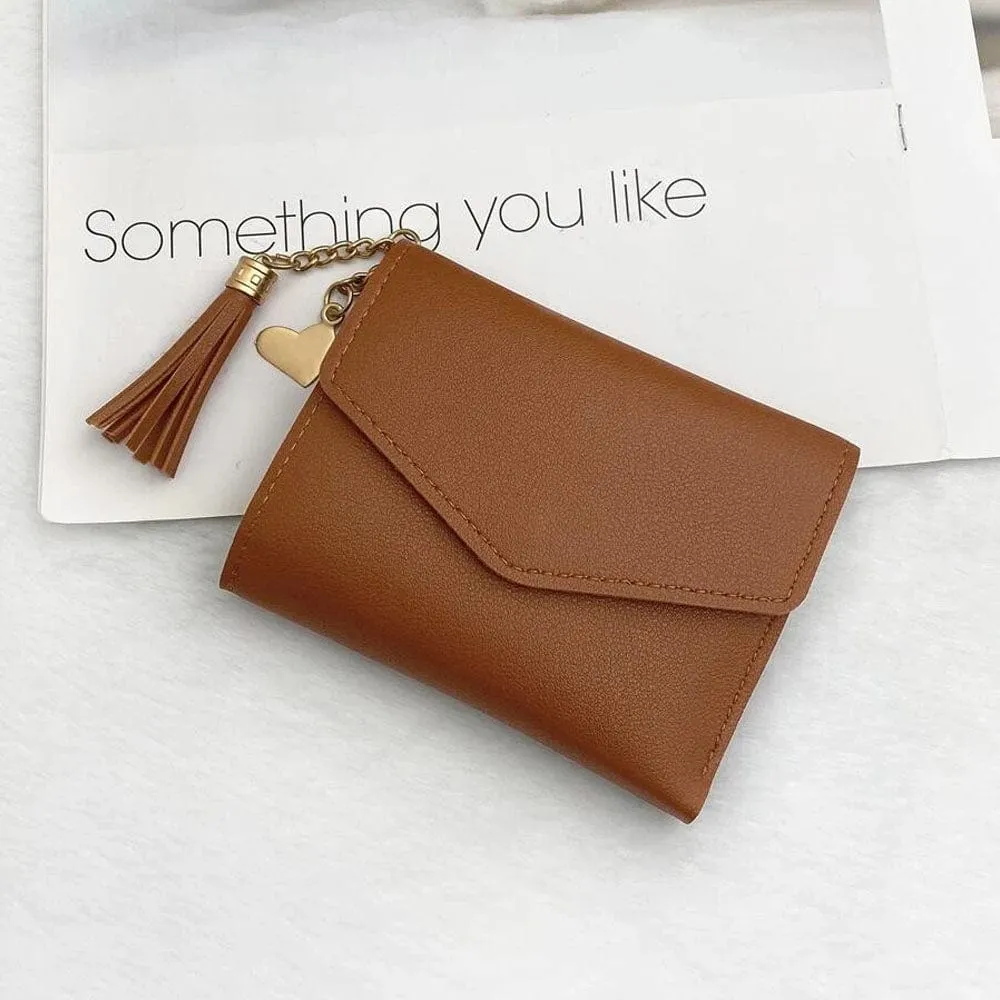 Trendy Minimalist Trifold Wallet with Heart and Tassel Pendant