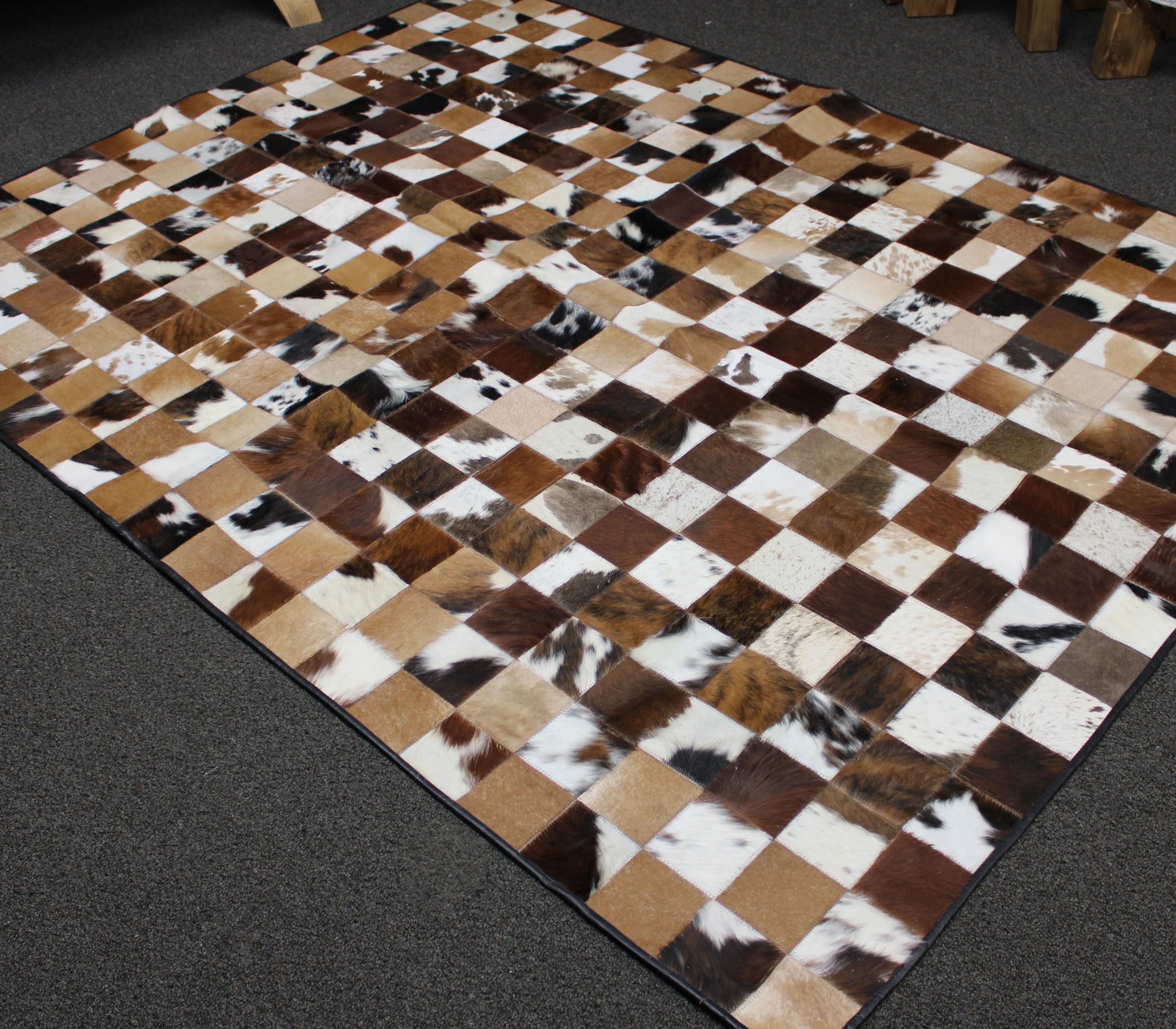 Tricolor Patchwork Cowhide Rug – 7.5ft x 5.7ft  Premium Cowhide Rug