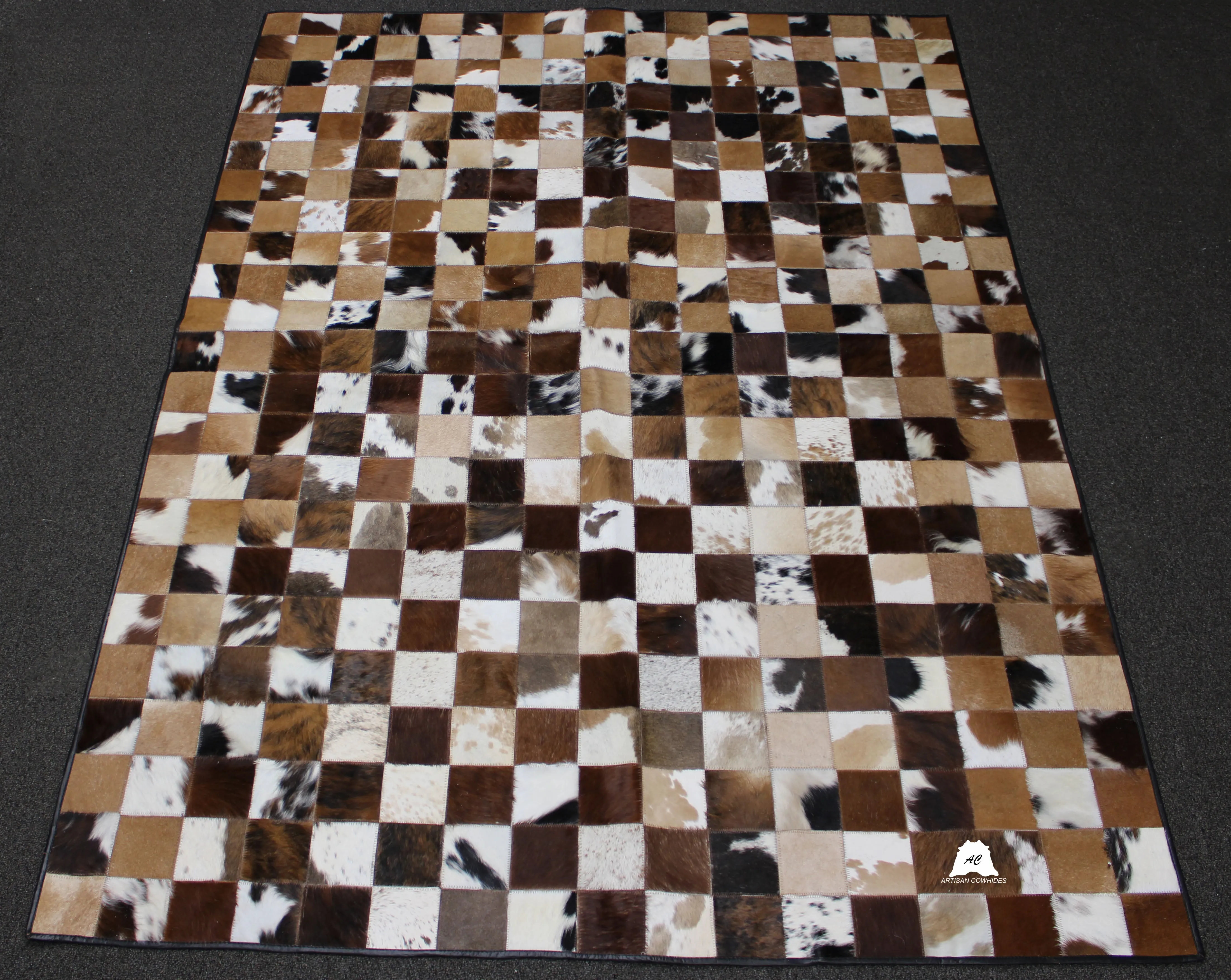 Tricolor Patchwork Cowhide Rug – 7.5ft x 5.7ft  Premium Cowhide Rug
