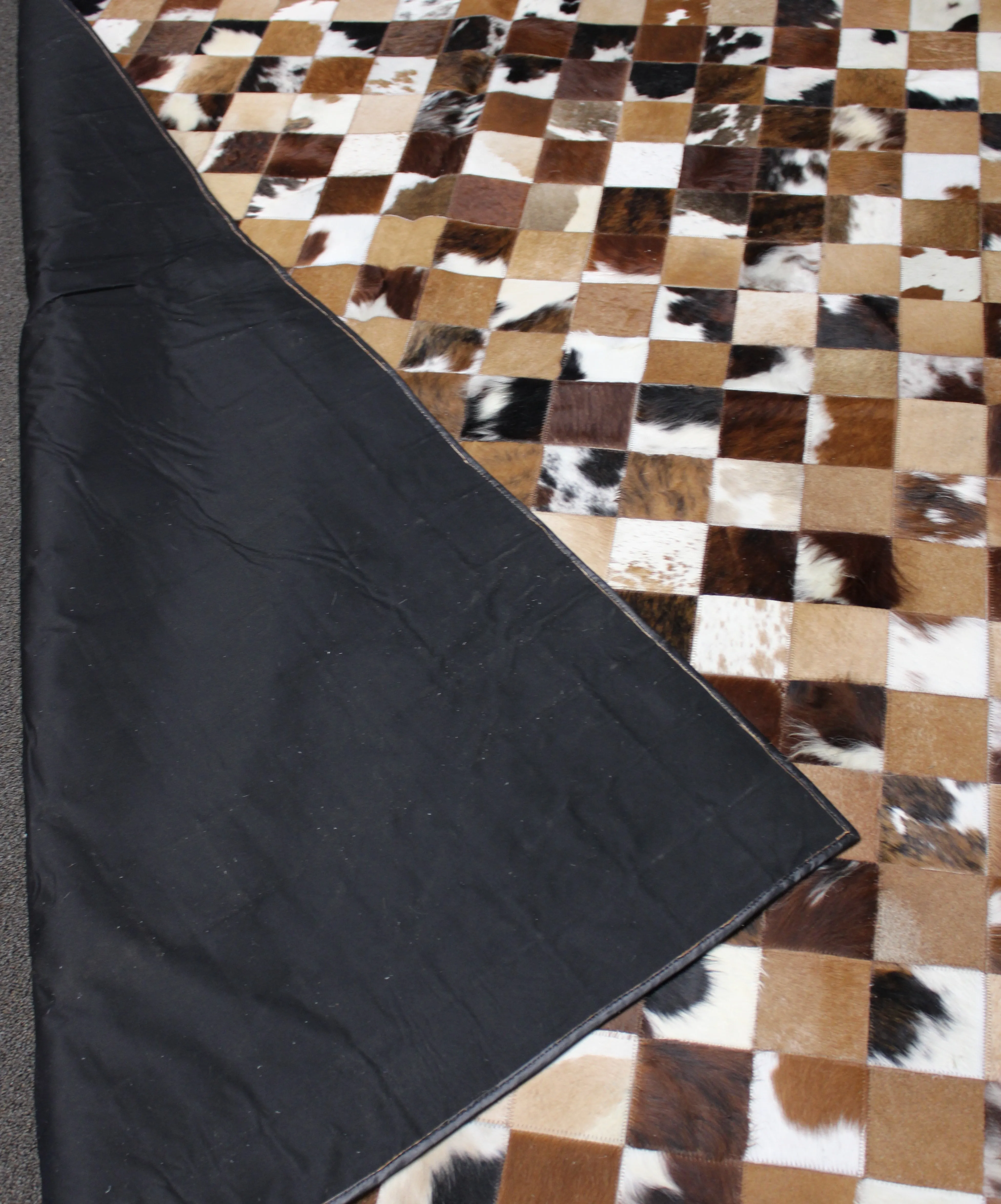 Tricolor Patchwork Cowhide Rug – 7.5ft x 5.7ft  Premium Cowhide Rug