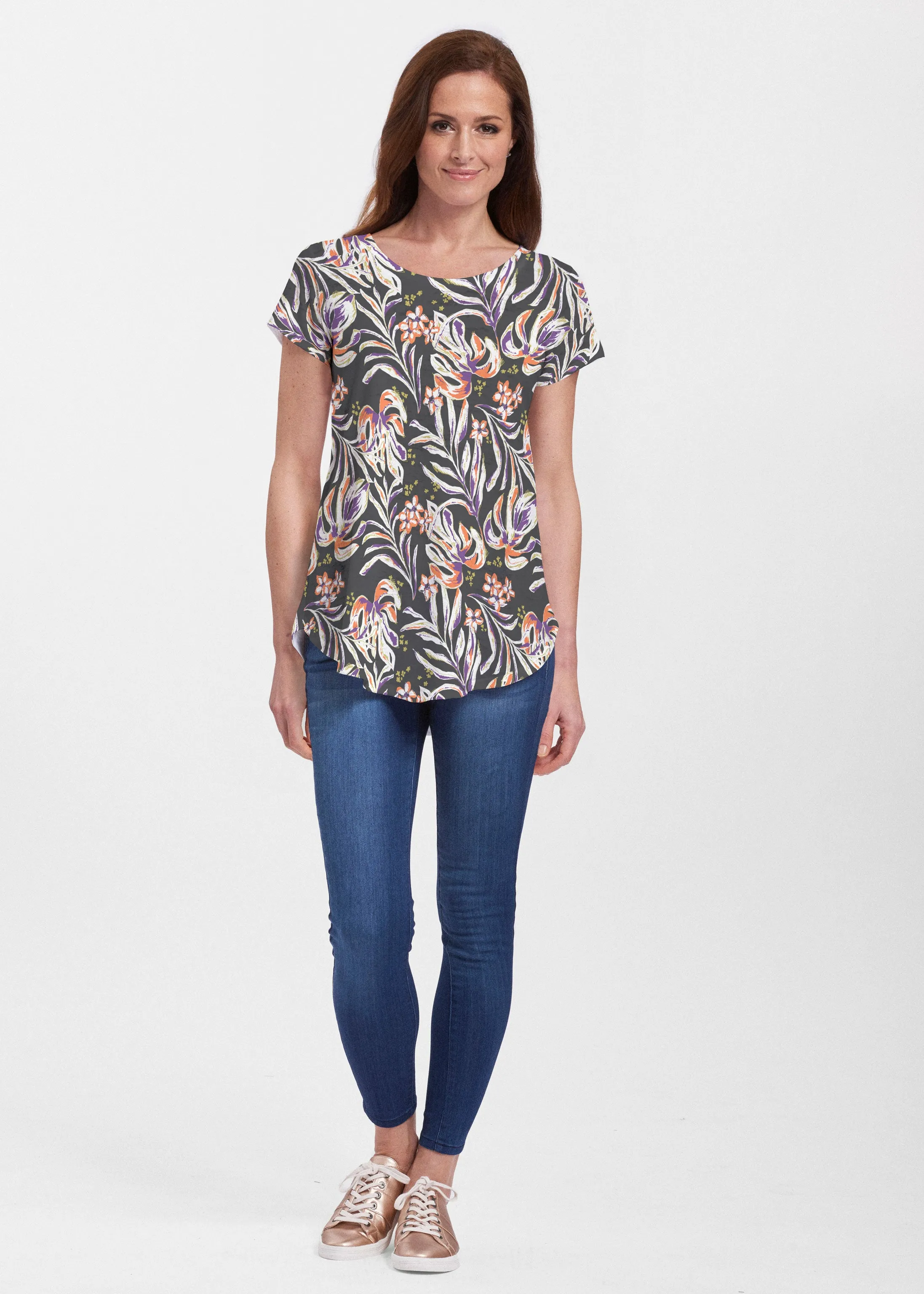 Tropic Palms Black (7611) ~ Signature Short Sleeve Scoop Neck Flowy Tunic
