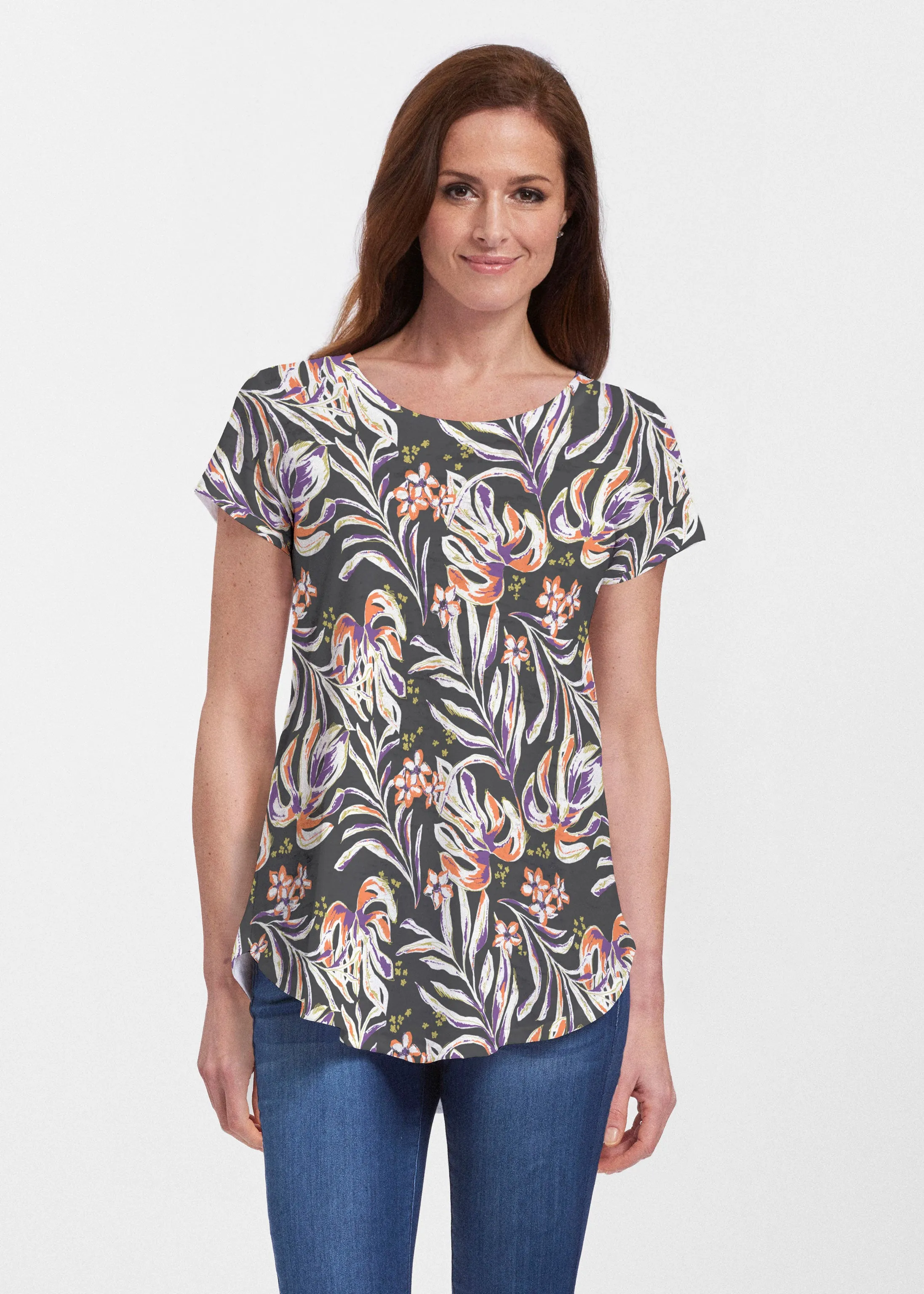 Tropic Palms Black (7611) ~ Signature Short Sleeve Scoop Neck Flowy Tunic