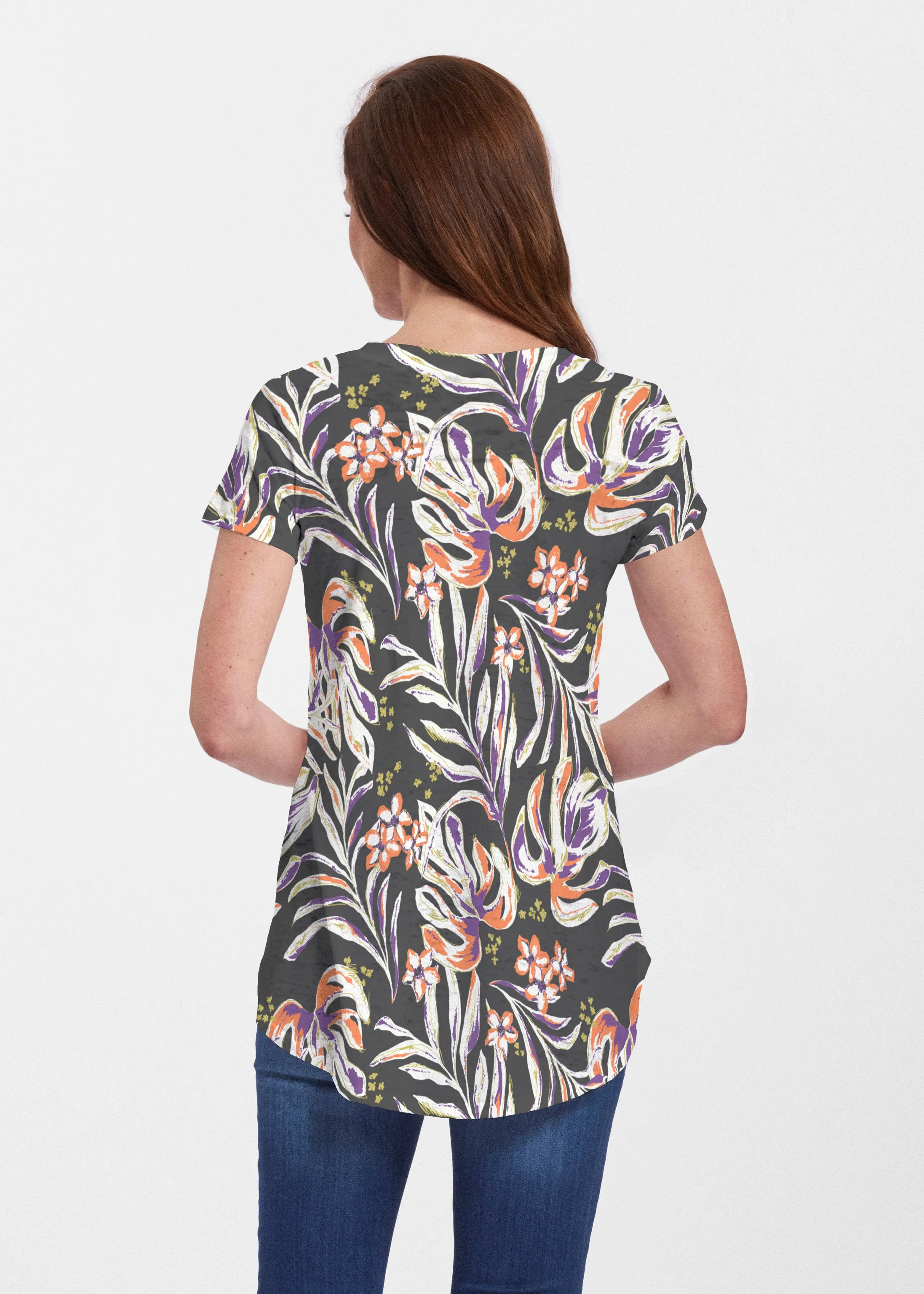 Tropic Palms Black (7611) ~ Signature Short Sleeve Scoop Neck Flowy Tunic