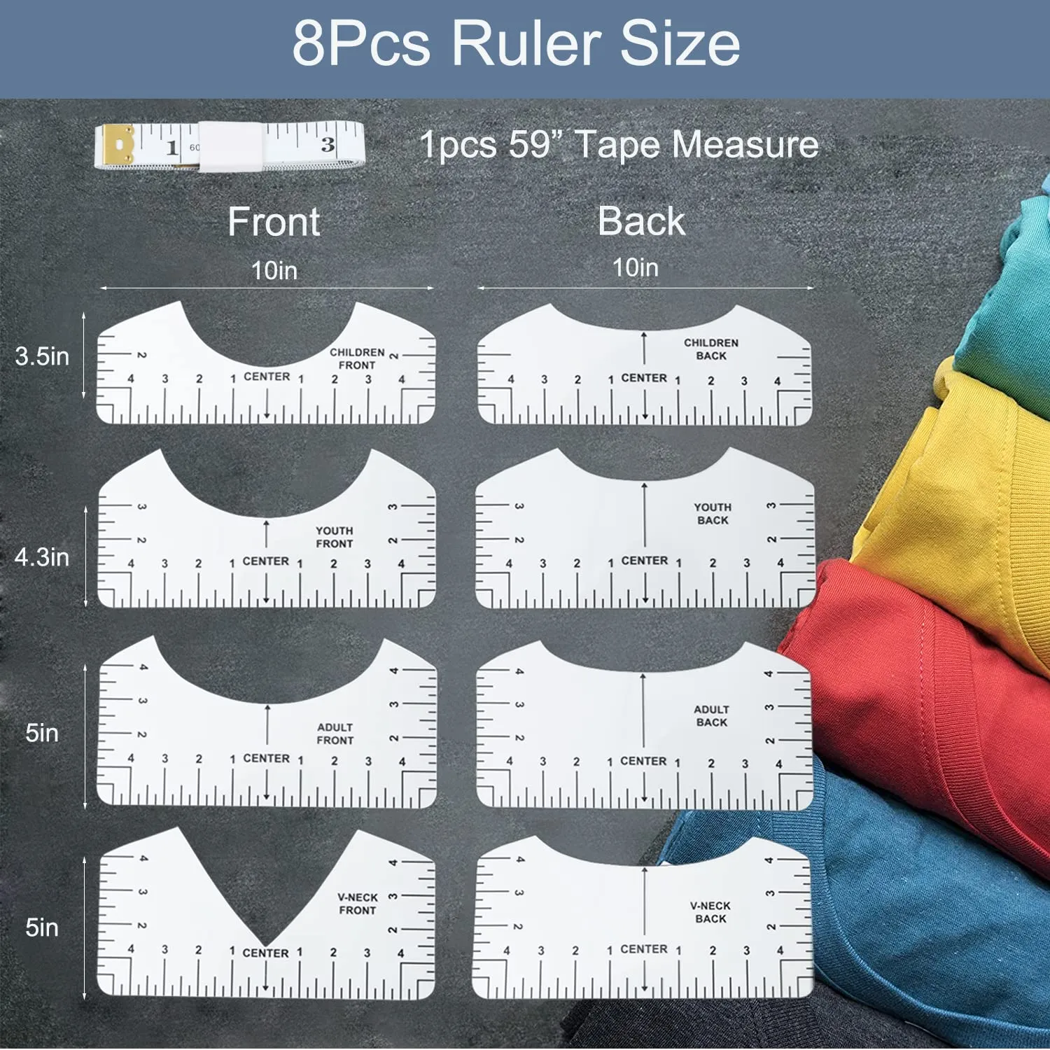 Tshirt-Ruler Guide to Center Vinyl, 9Pcs, Transparent V-Neck/Round PVC Ruler for Alignment, Heat Press, Children Youth Adult, Front and Back Measurement (10in)