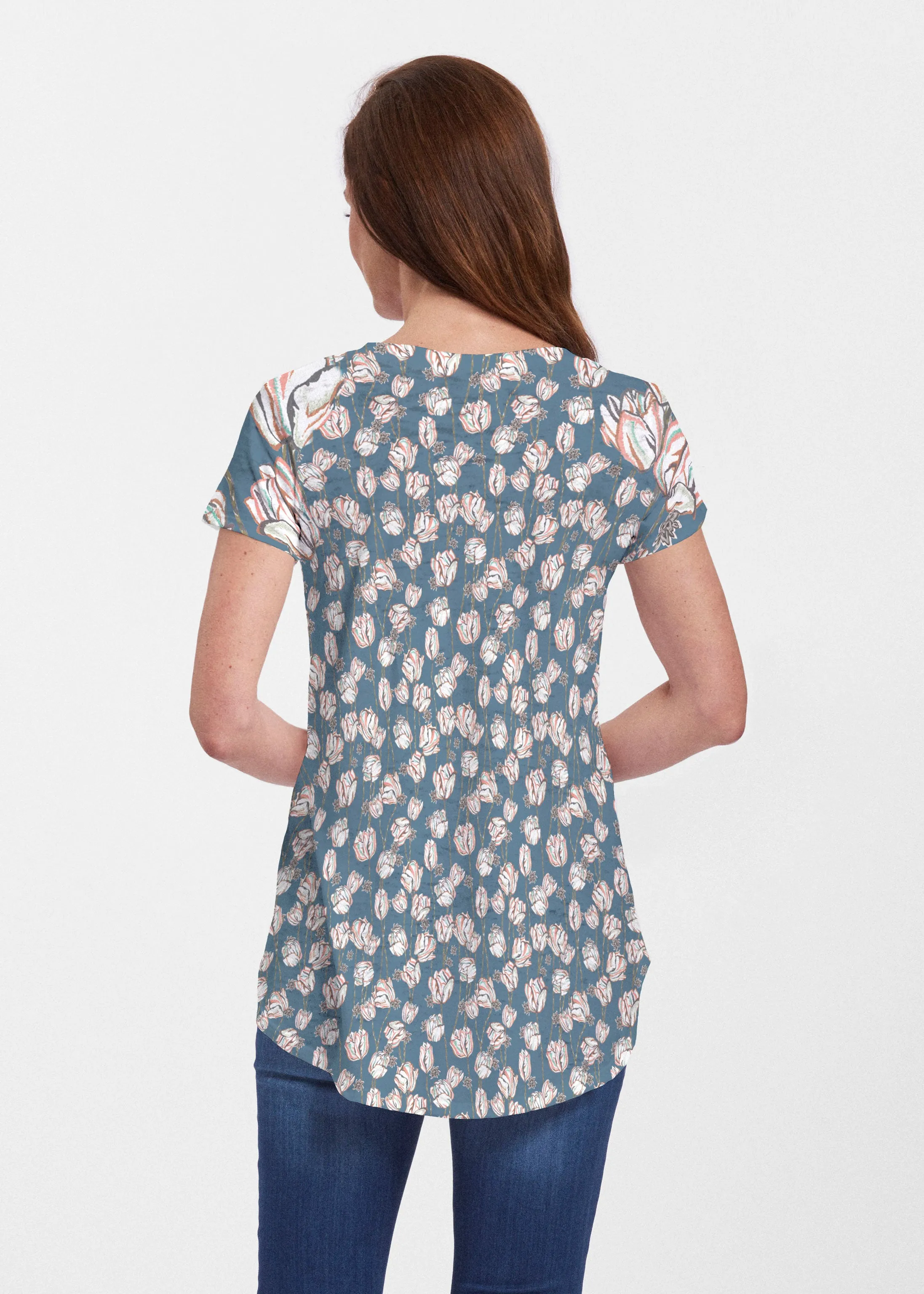 Tulips Multi Navy (7662) ~ Signature Short Sleeve Scoop Neck Flowy Tunic