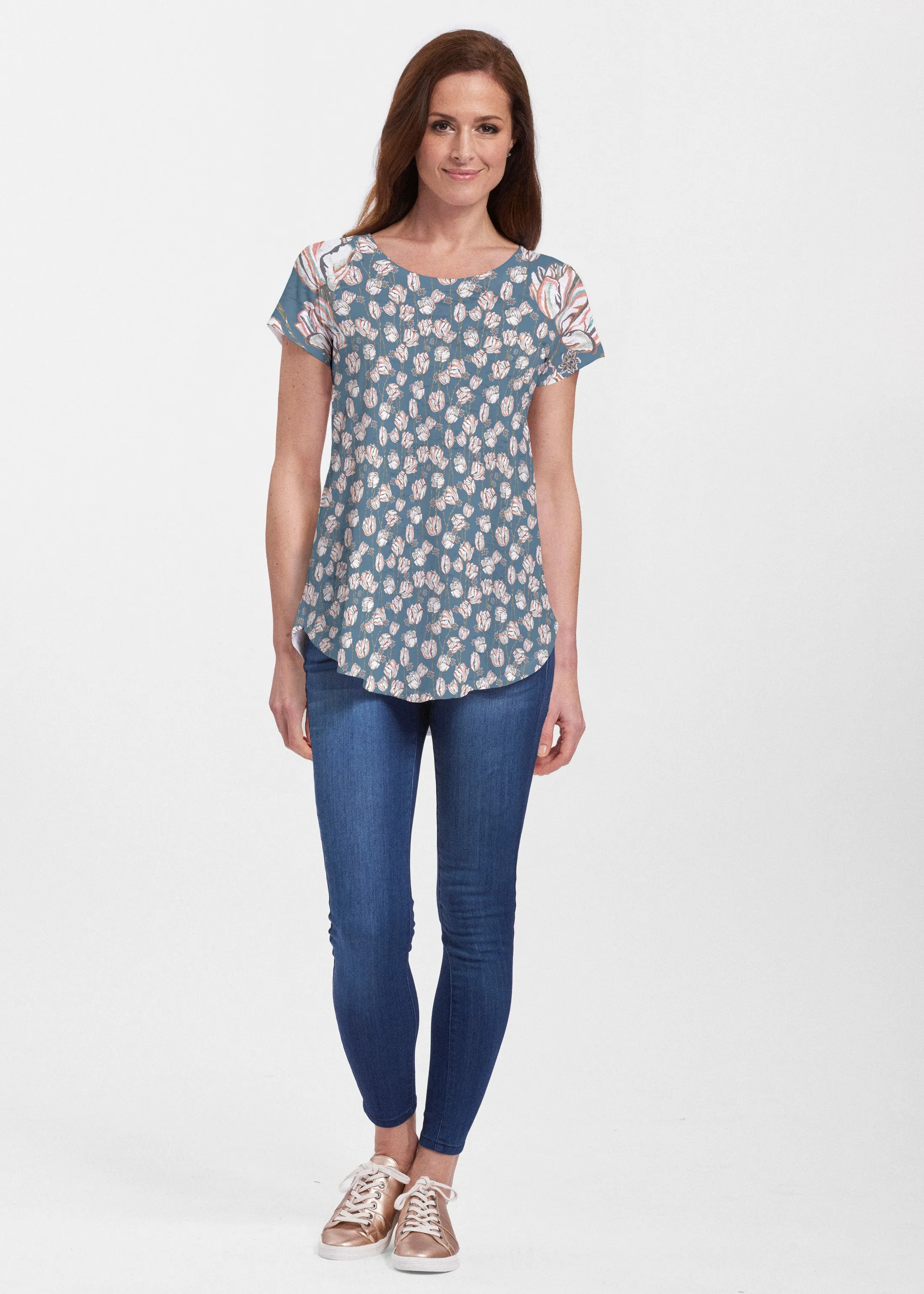Tulips Multi Navy (7662) ~ Signature Short Sleeve Scoop Neck Flowy Tunic