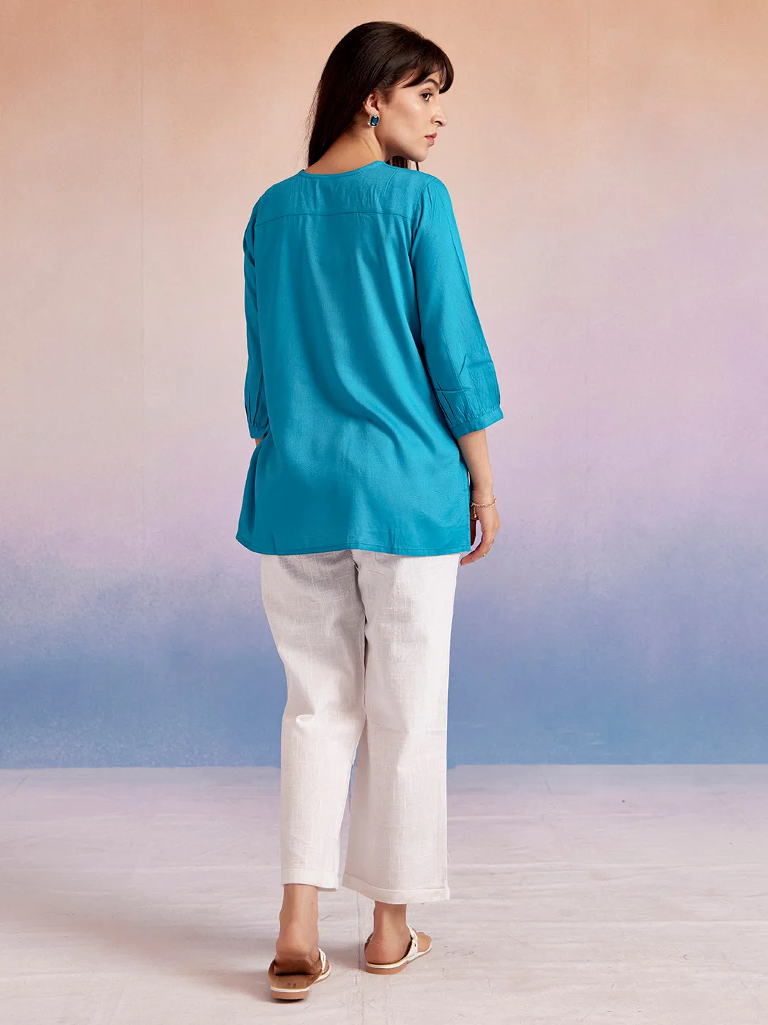 Turquoise Blue Solid High-Low Casual Top