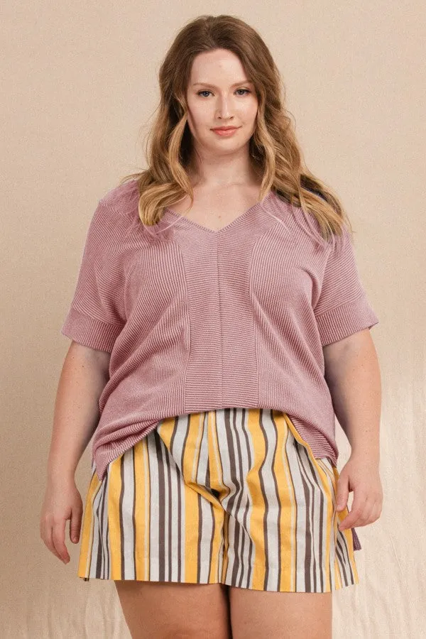 TWO TONE RIBBED WIDE V NECK TOP SS
