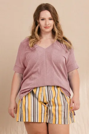 TWO TONE RIBBED WIDE V NECK TOP SS