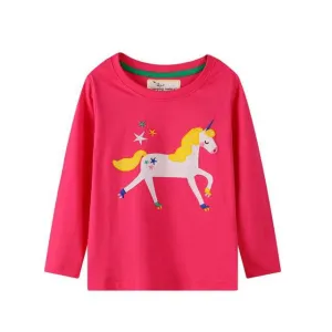 Unicorn Print Long Sleeve Cotton Top - Fuchsia
