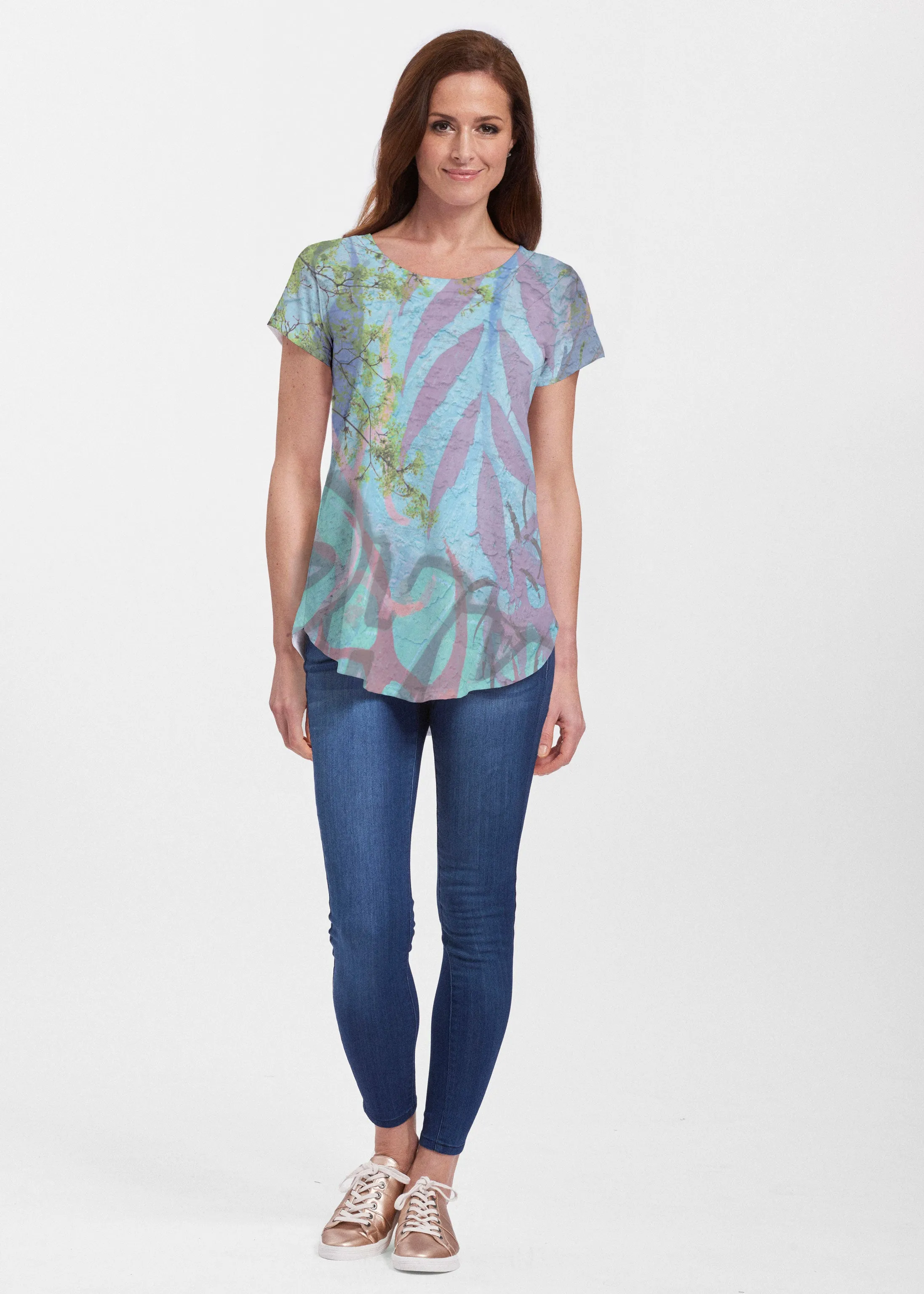 Urban Flora Aqua (25017) ~ Signature Short Sleeve Scoop Neck Flowy Tunic