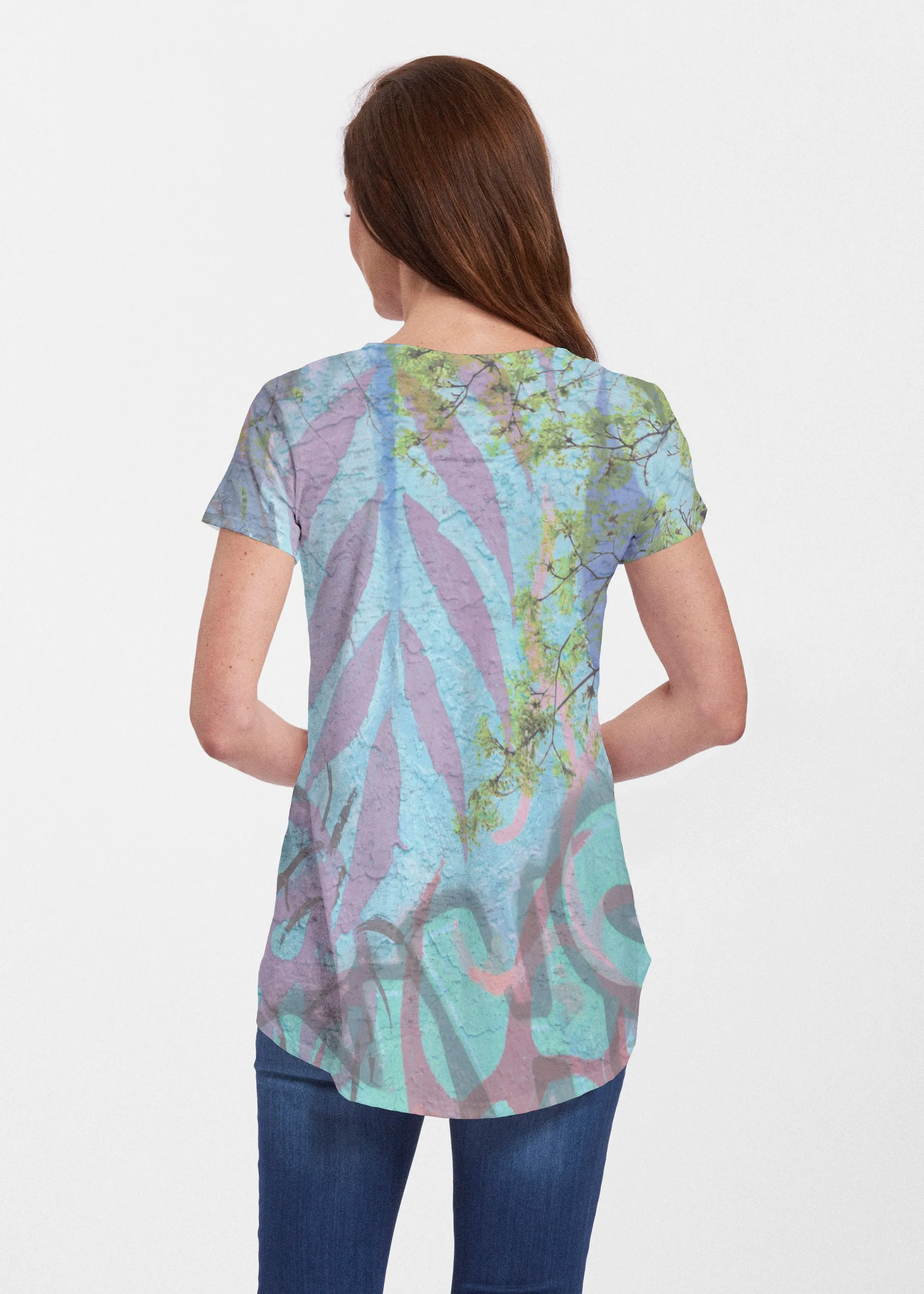 Urban Flora Aqua (25017) ~ Signature Short Sleeve Scoop Neck Flowy Tunic