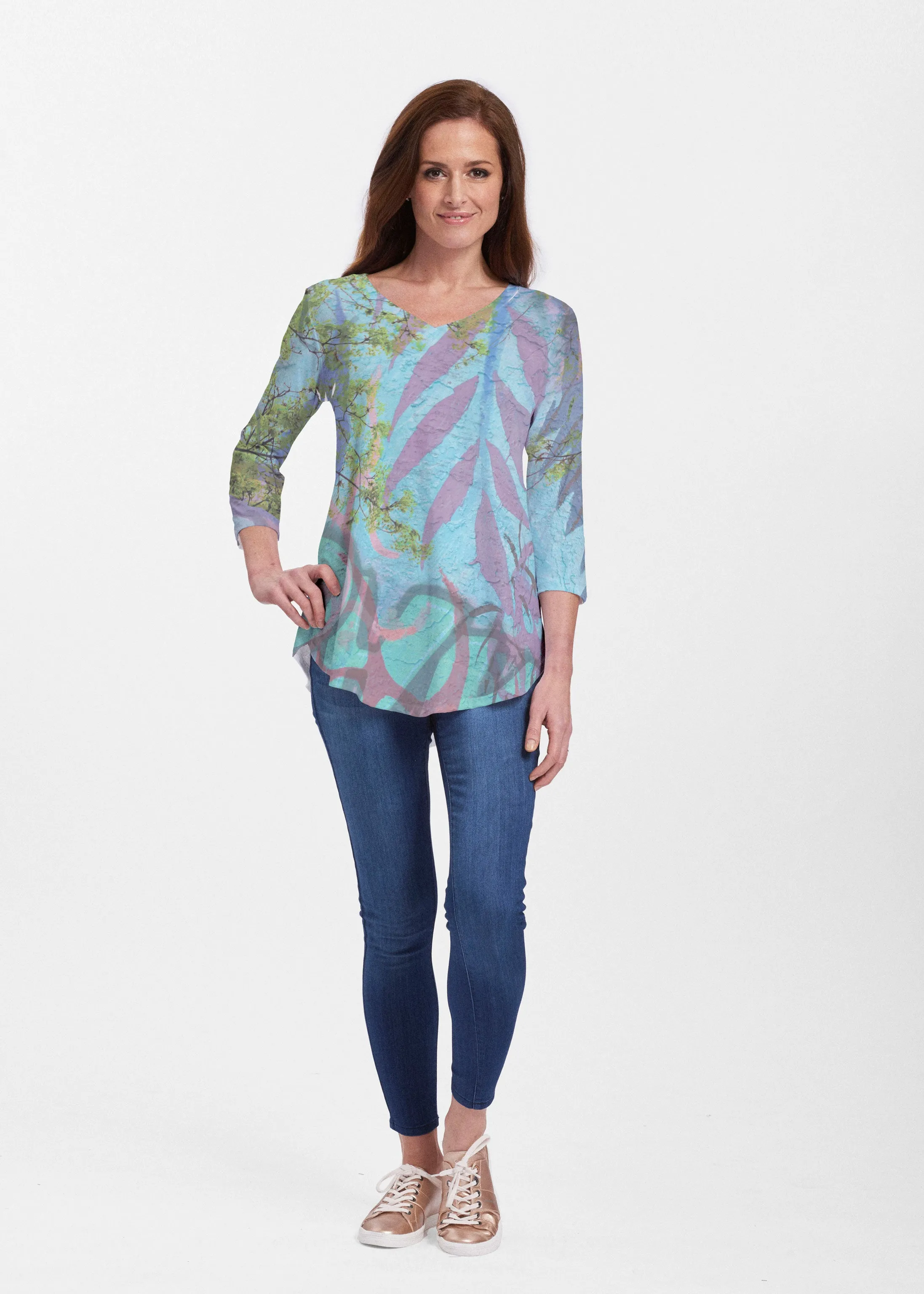 Urban Flora Aqua (25017) ~ Signature V-neck Flowy Tunic