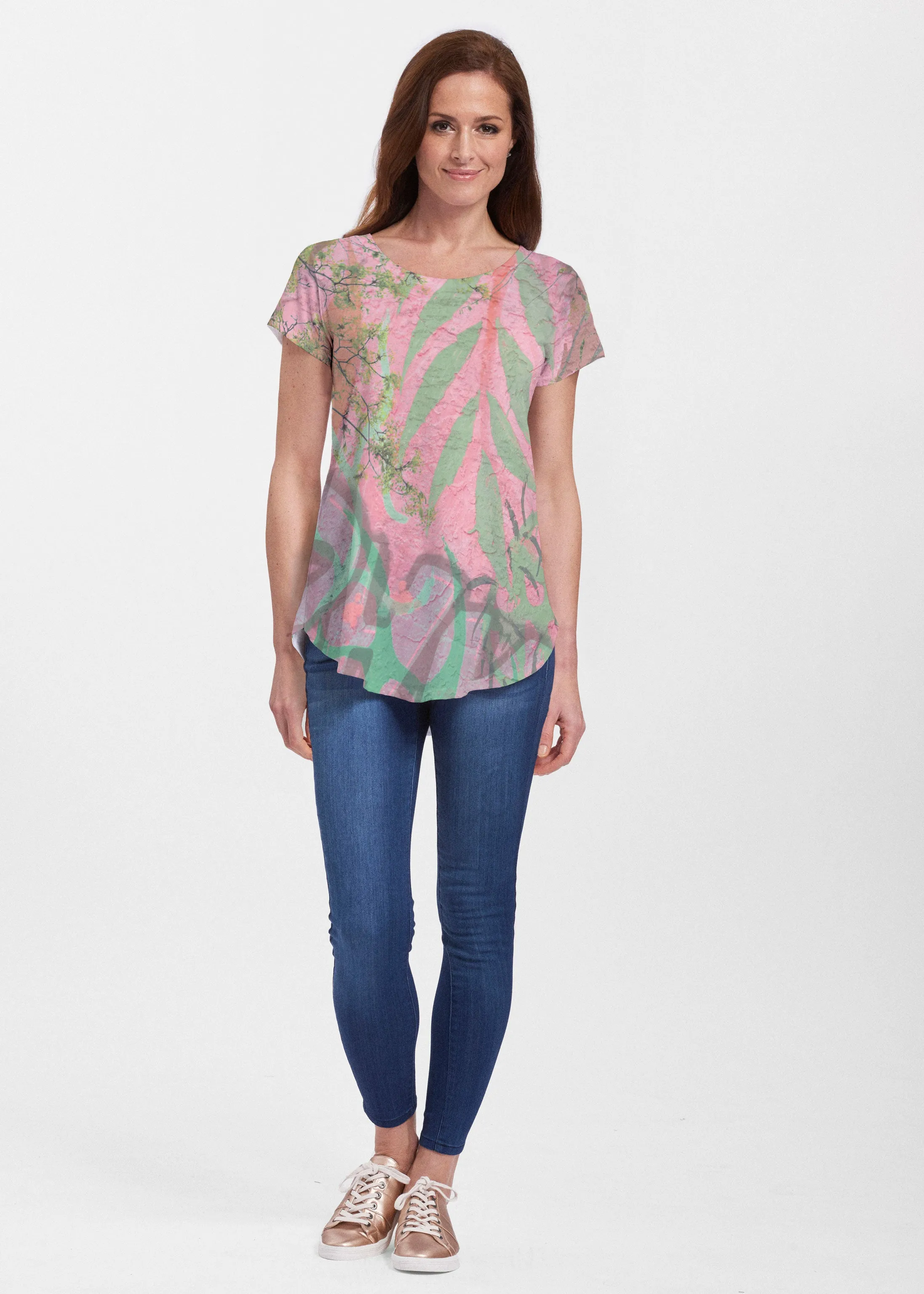 Urban Flora Pink (25018) ~ Signature Short Sleeve Scoop Neck Flowy Tunic