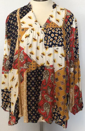 V-NECK PATCHWORK PRINT TUNIC TOP