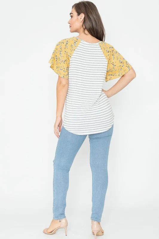 V Neck Stripe Floral Sleeve Tunic