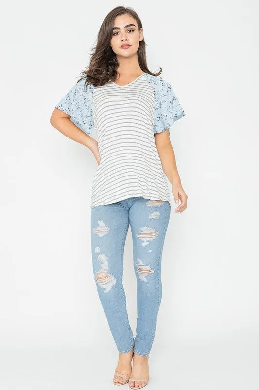 V Neck Stripe Floral Sleeve Tunic