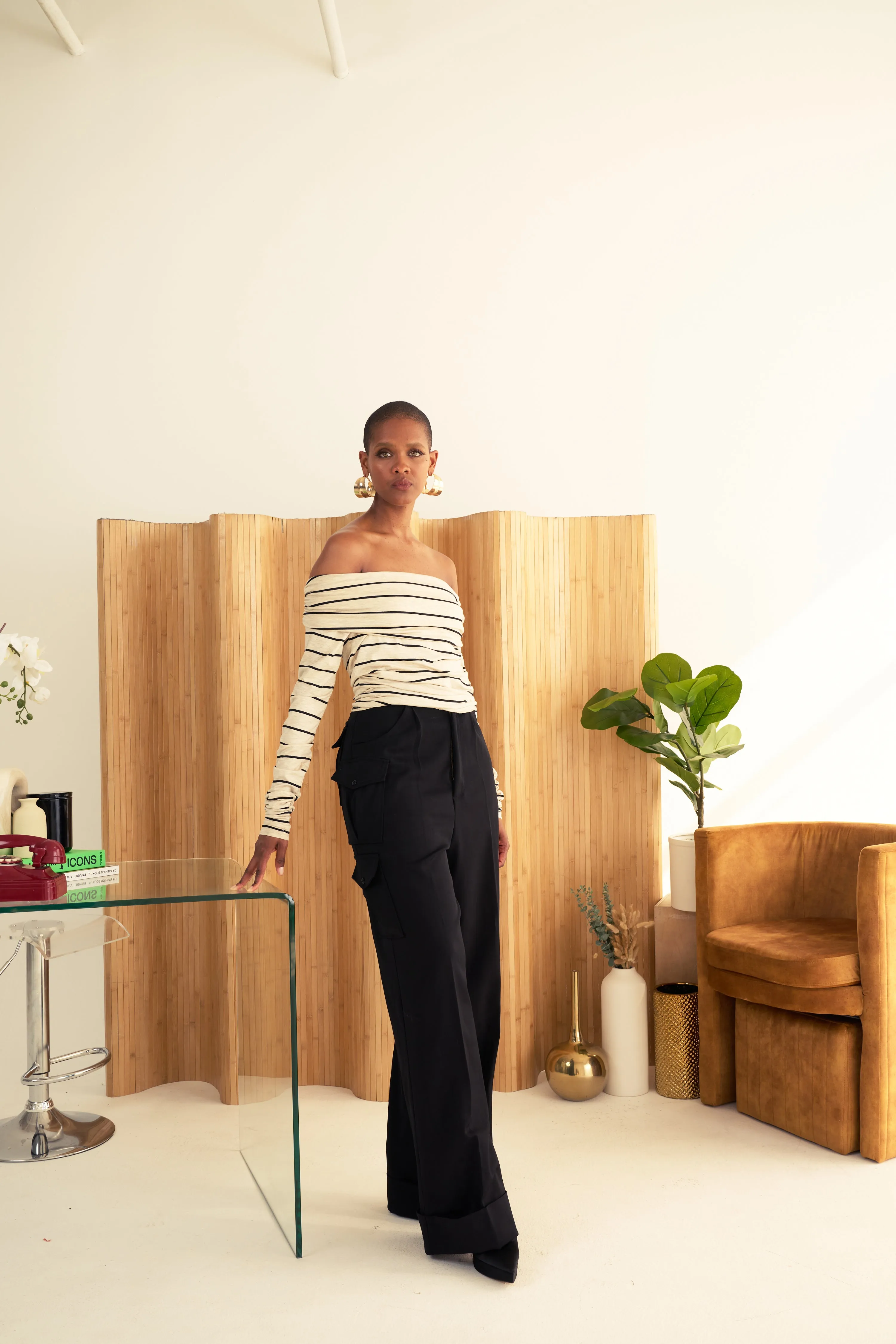 Vertical Stripe Open Shoulder Top